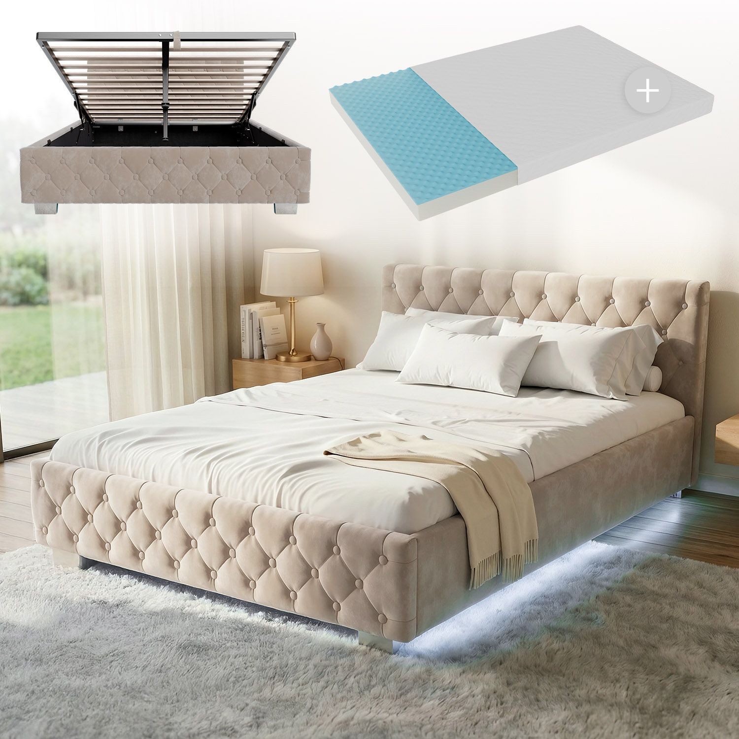 Juskys Polsterbett Nizza, 140x200 cm, LED Licht, Stauraum, Samtbezug, inkl. Matratze