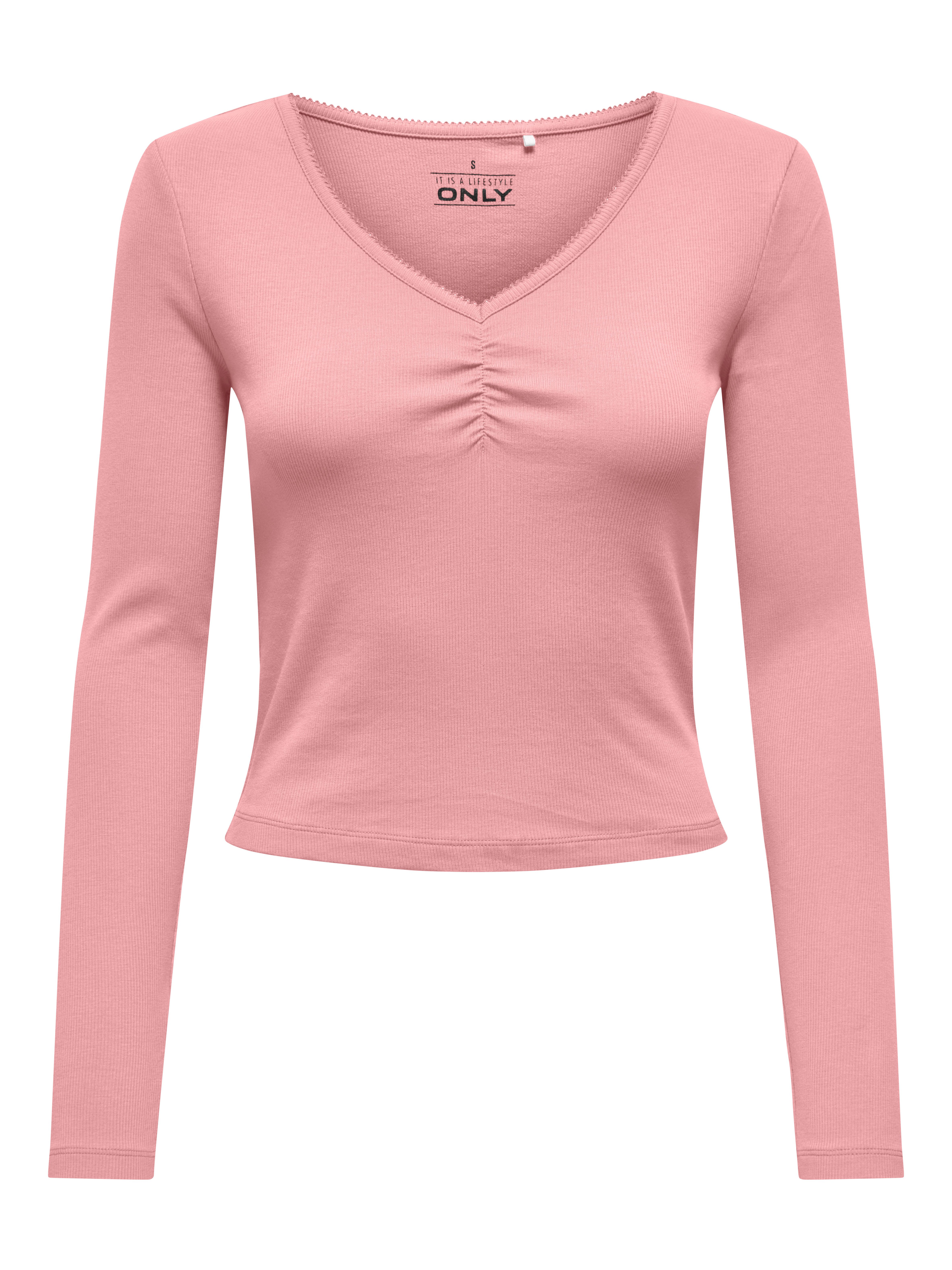 ONLY Langarmshirt ONLBETTY LIFE L/S SCALLOP V-NECK CC JRS mit Raffung am Ausschnitt