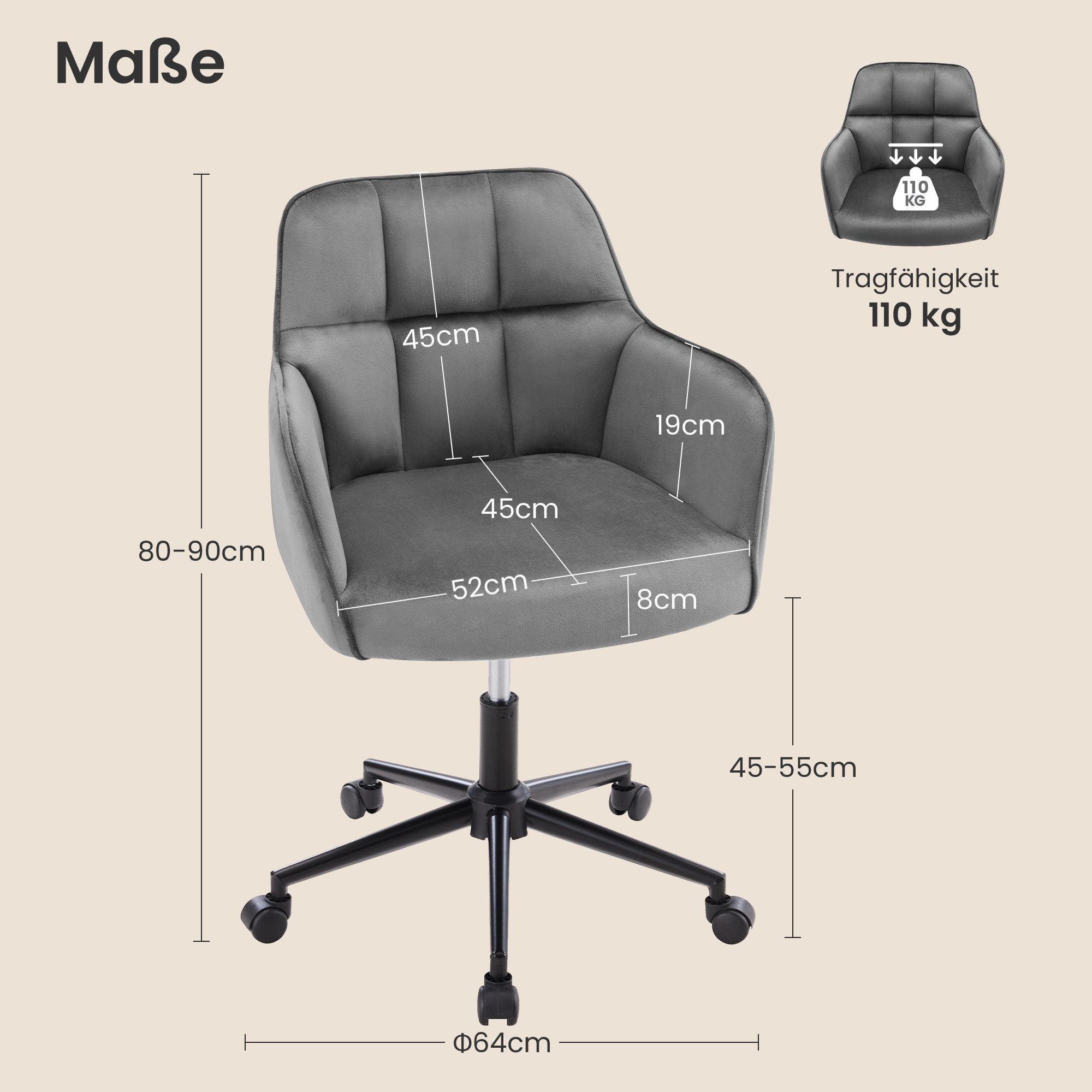 YOUDENOVA Bürostuhl mit Rollen, höhenverstellbarer, ergonomisch, 64x64x90cm (1 St), Höhenverstellbar & 360° Drehbar