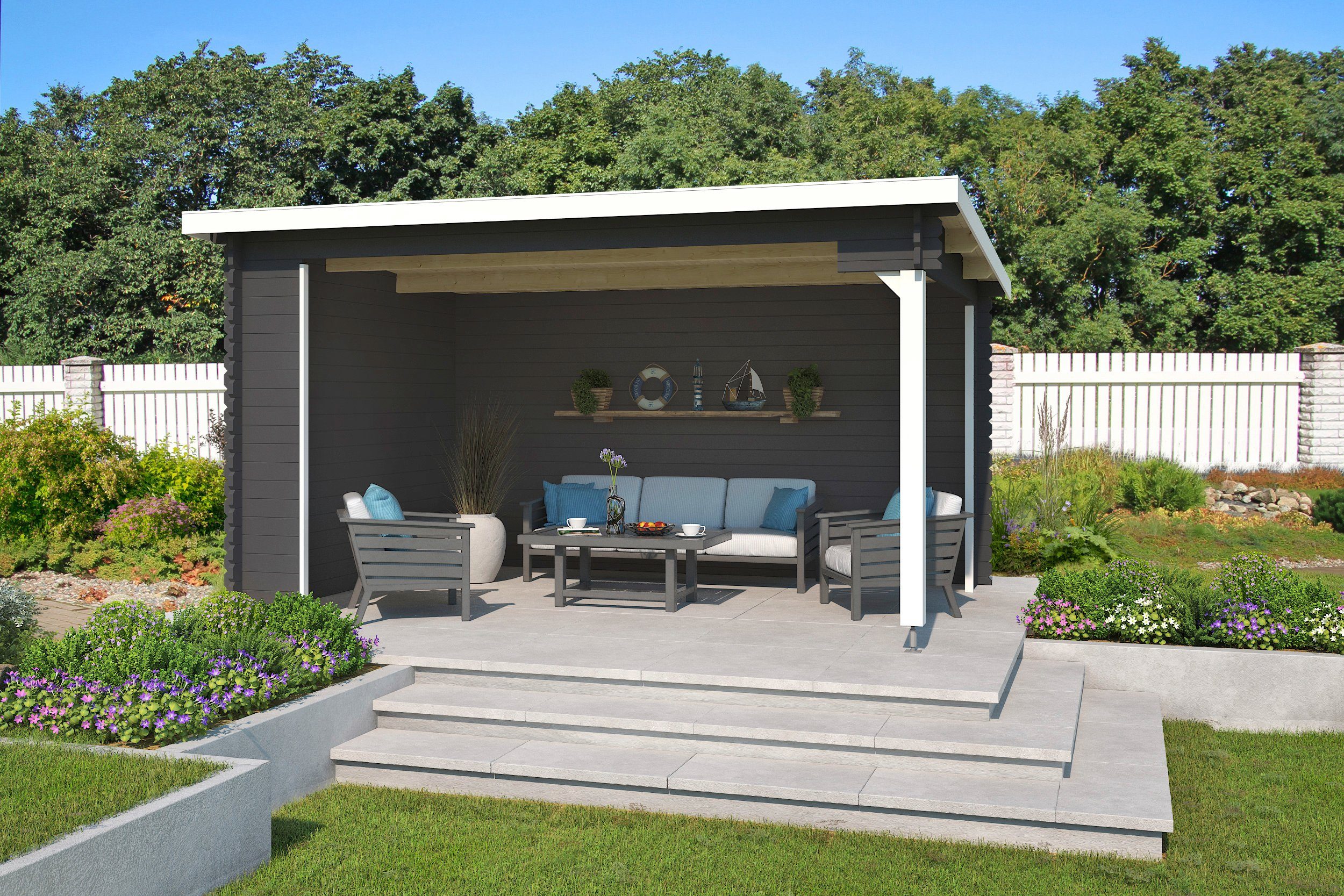 LASITA MAJA Gartenhaus Unterstand Columbus, BxT: 445x349 cm, Unterstand / Lounge 34mm, Fundamentmass 4250x3000, Carbongrau