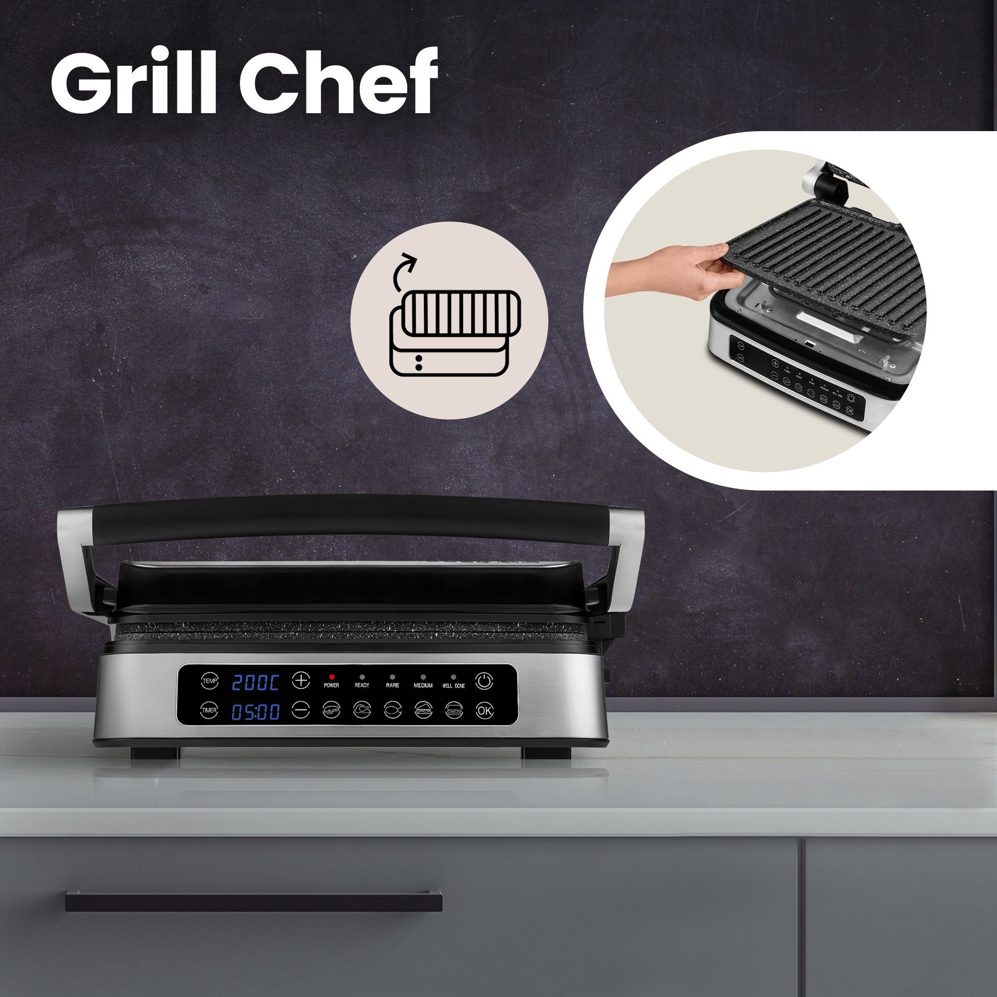 ZEEGMA Elektro Kontaktgrill GRILL CHEF 3.0 - 2000W, 5 Programme, Herausnehmbare Platten