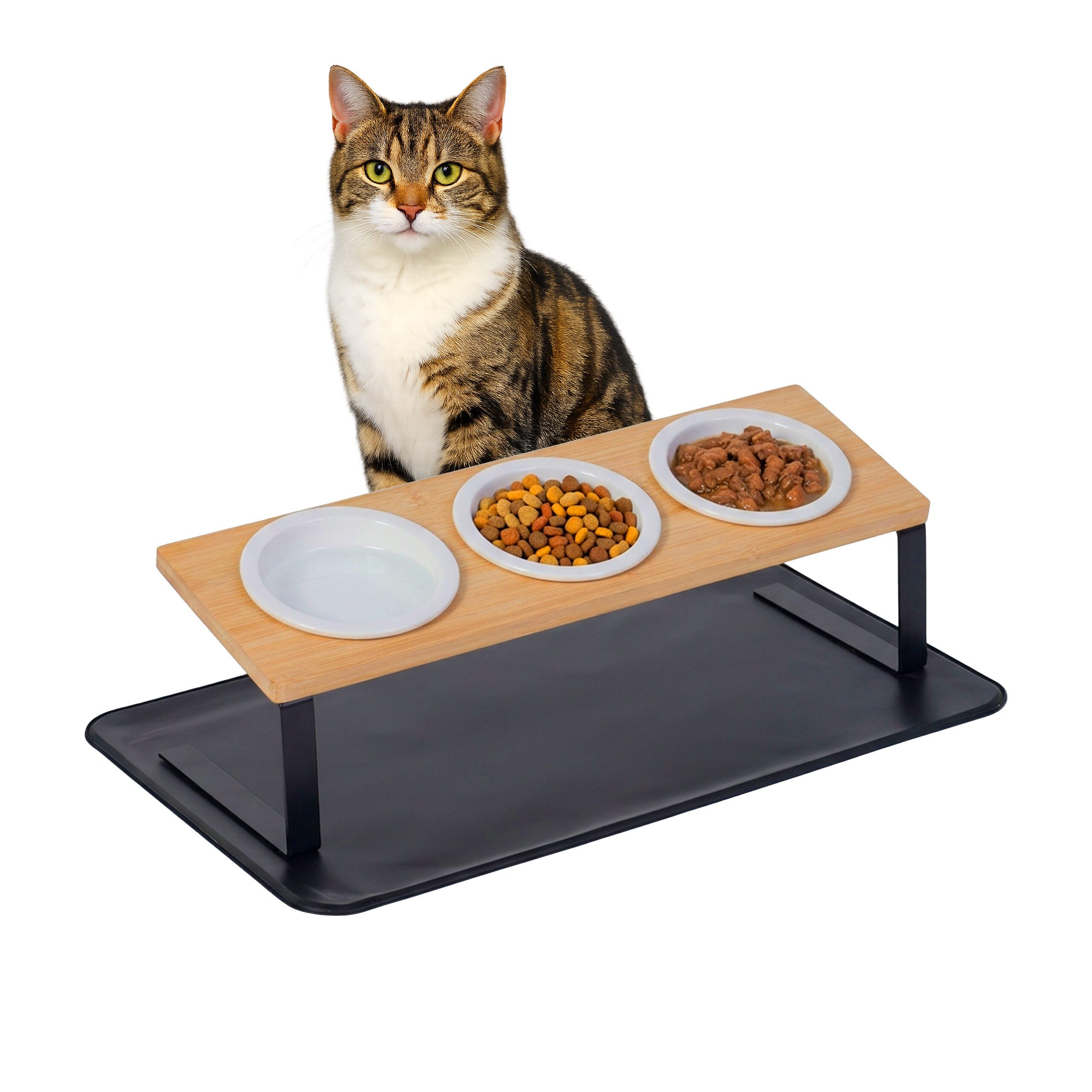 relaxdays Futterstation Katzennapf erhöht Keramik mit Unterlage, Keramik, dreifach