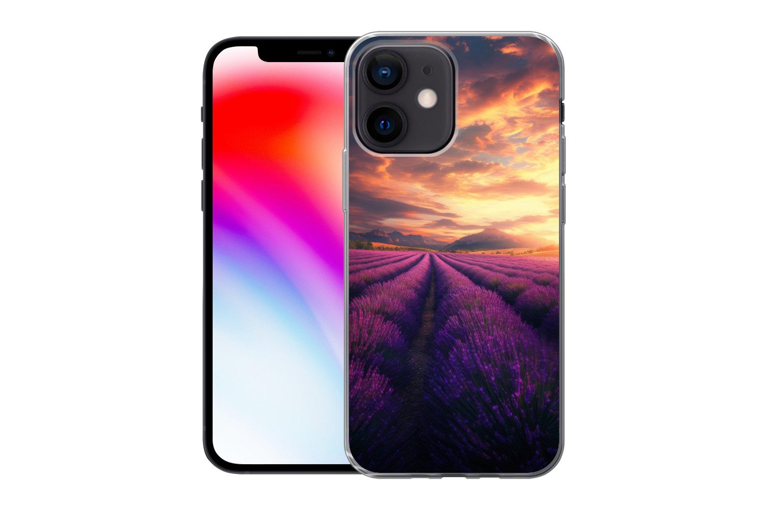 MuchoWow Handyhülle für Apple iPhone 12 Mini Lavendelfeld - Sonnenuntergang - Lila, Smartphone-Bumper, Print, Handy Schutzhülle Dünn