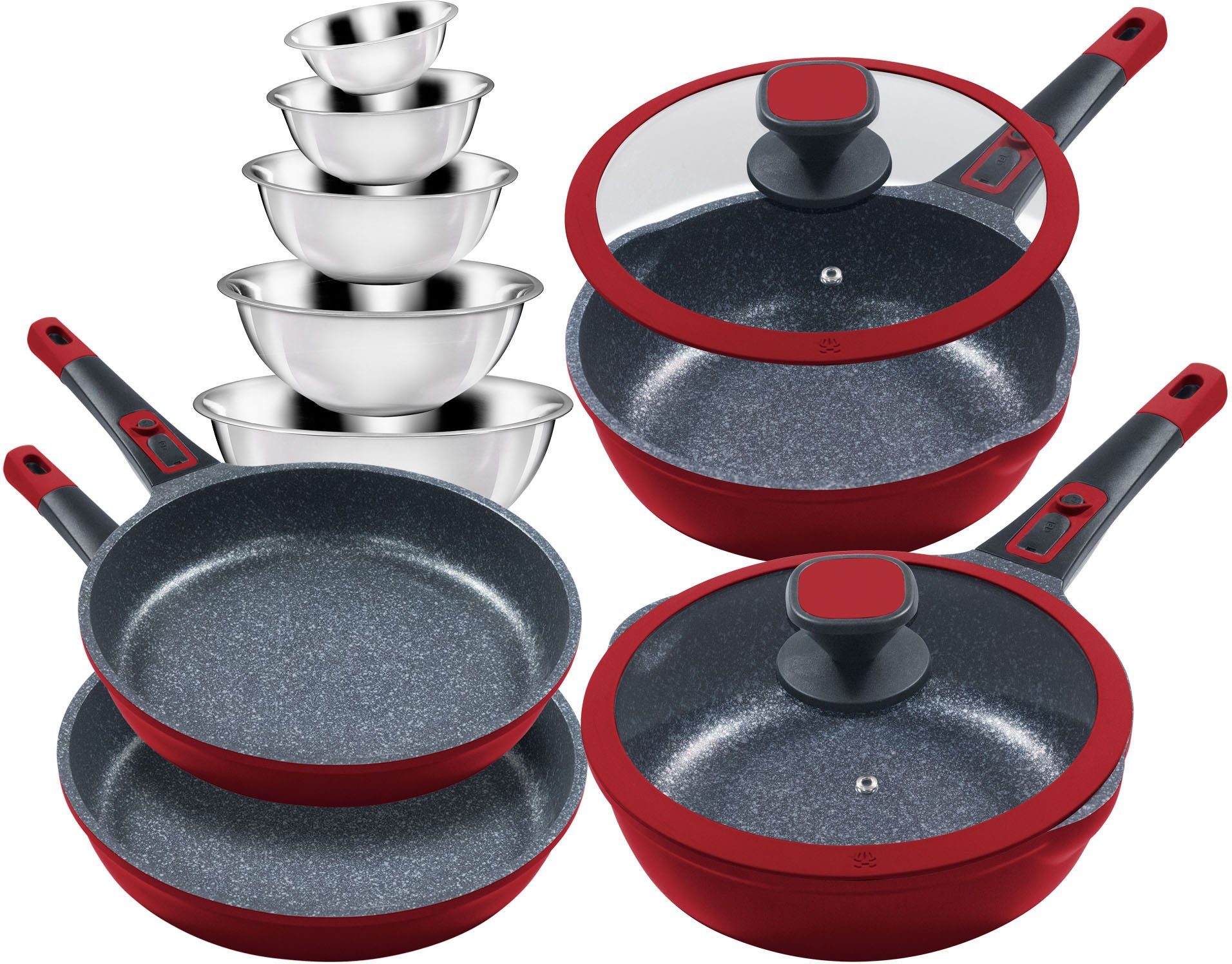 KING Pfannen-Set Moonscape, Aluminiumguss (Set, 11-tlg., je 1 Bratpfanne Ø 24/24/28/28cm, H: 5/7,5/5,5/8,5cm, - 1,9/2,8/2,5/4 l), Induktion, Moonscape-Beschichtung,inkl. 5 Schüsseln