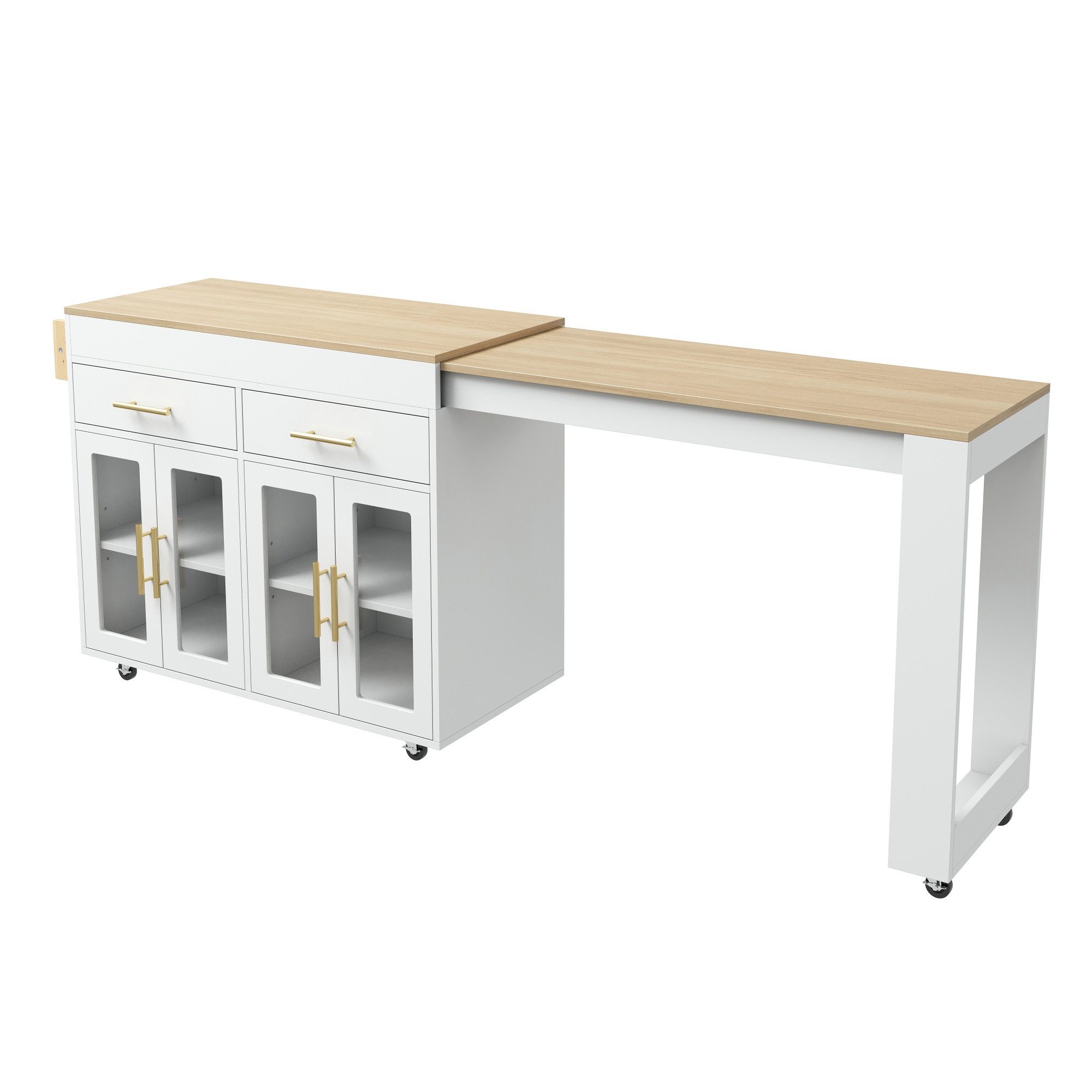 kowdom Küchenwagen Kücheninsel 132-217 cm ausziehbar Rollen Glastüren, ausziehbar 132-217 cm, 7 Rollen, Glastüren, MDF, Kippsicherung