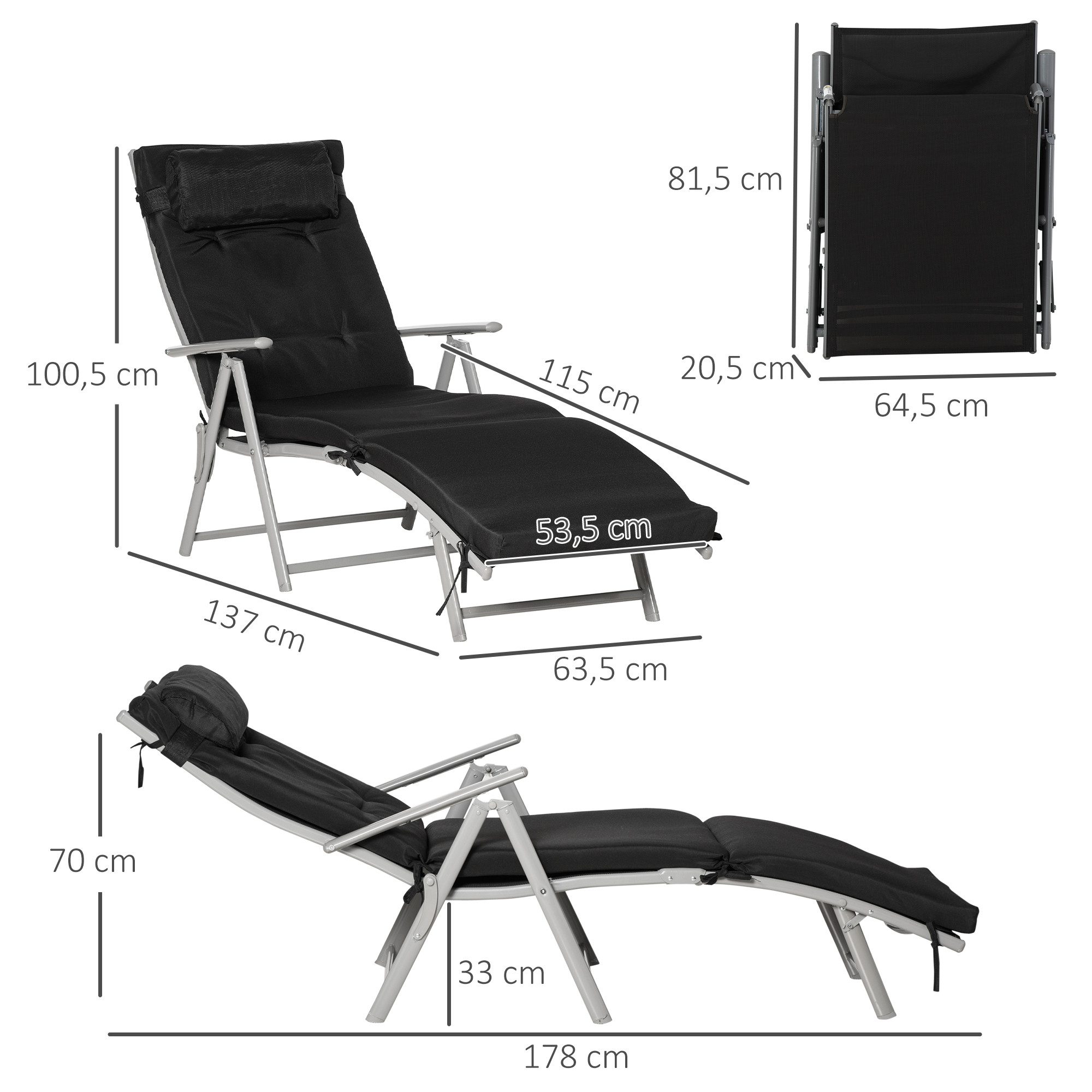 Outsunny Gartenliege Strandliege mit Kopfkissen, Liegestuhl bis 165 kg belastbar., Liege, 1 St., Sonnenliege, Sonnenliege 7-stufig Verstellbar Klappbar Metall Schwarz