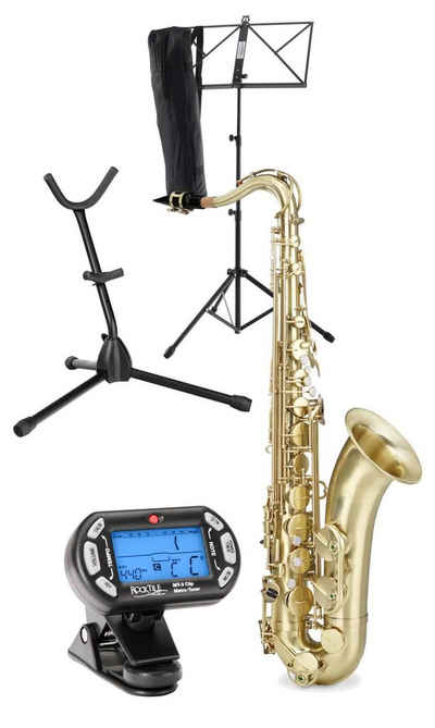 Classic Cantabile Saxophon TS-450 Tenorsaxophon, Messing matt gebürstet, (Spar-Set, inkl. Metro-Tuner, Saxophonständer und Notenständer), Bb-Stimmung, Hoch-Fis-Klappen, ergonomische Klappenmechanik