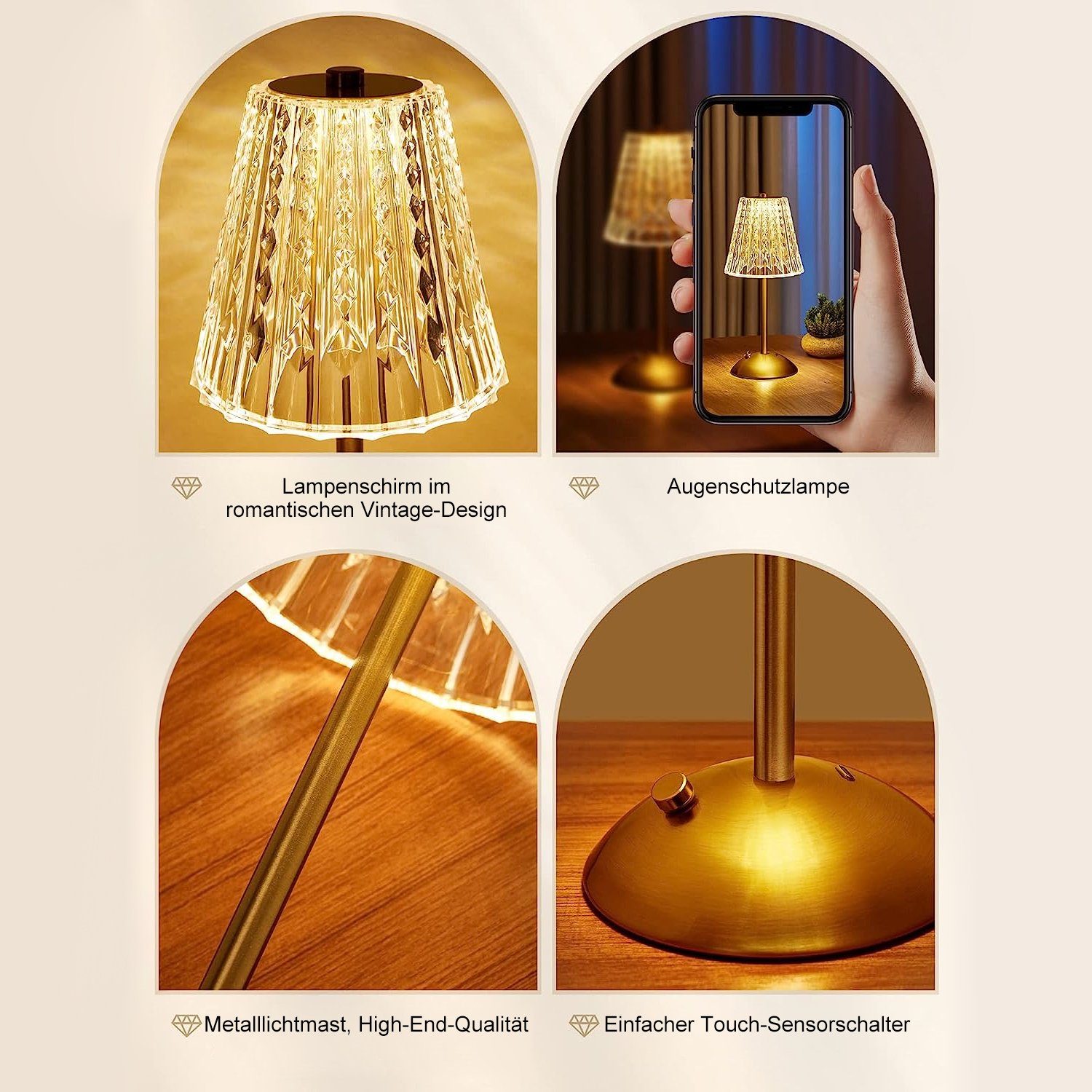 Nachttischlampe, AKKU Touch-Funktion LED Kristall Lampe, 3 Lichtfarben, Metall Acryl Kpaloft Tischlampe, Stufenlos Schreibtischlampe, Dimmbar, & Tischleuchte