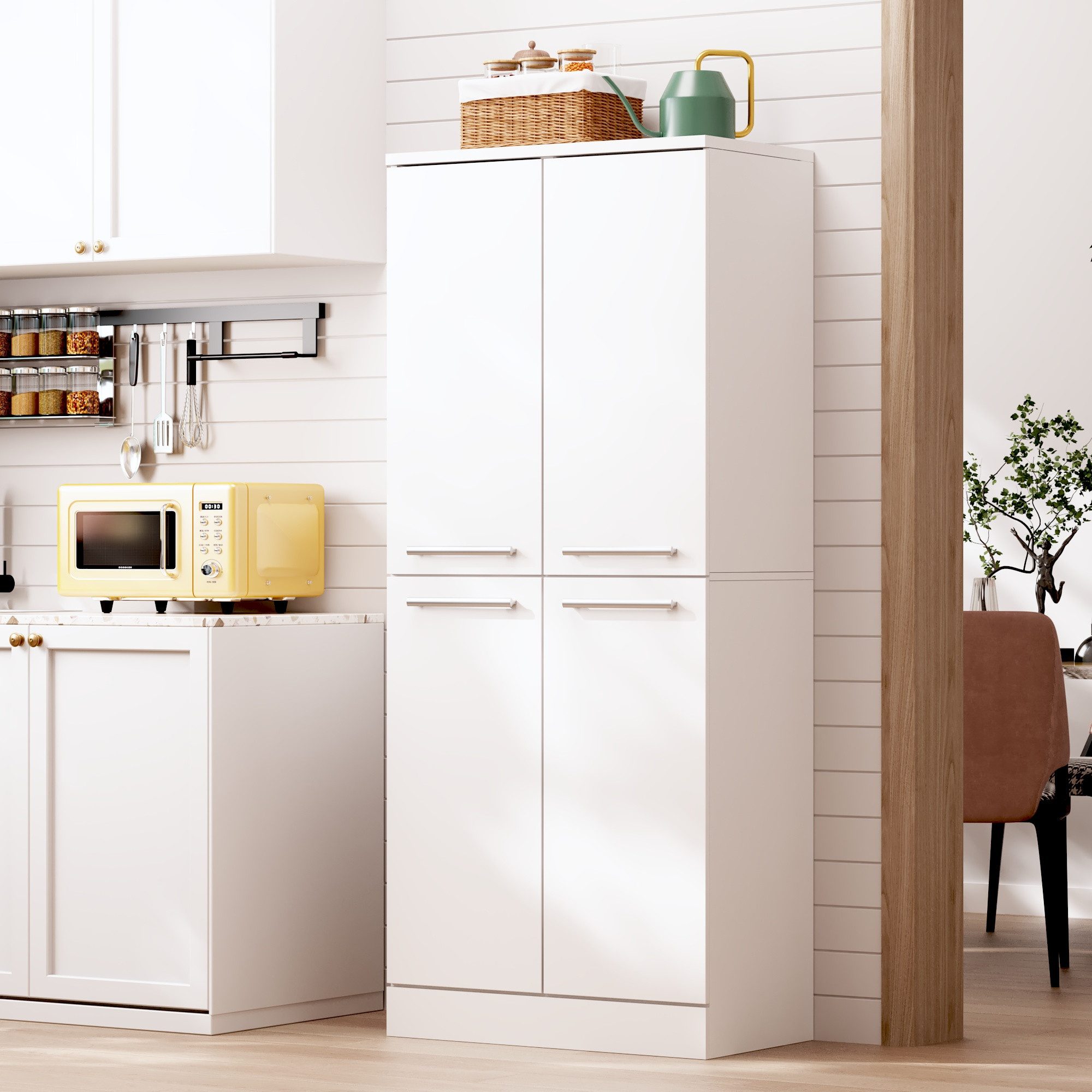 MODFU Küchenbuffet 76x180x42 cm Geräumiger Vorratsschrank mit stabilen Metallgriffen (Packung, 1-St., Pantryschrank in Weiß, 4 Türen, verstellbare Einlegeböden) Inkl. Kippsicherung, ideal für Küche, Speisekammer & Esszimmer