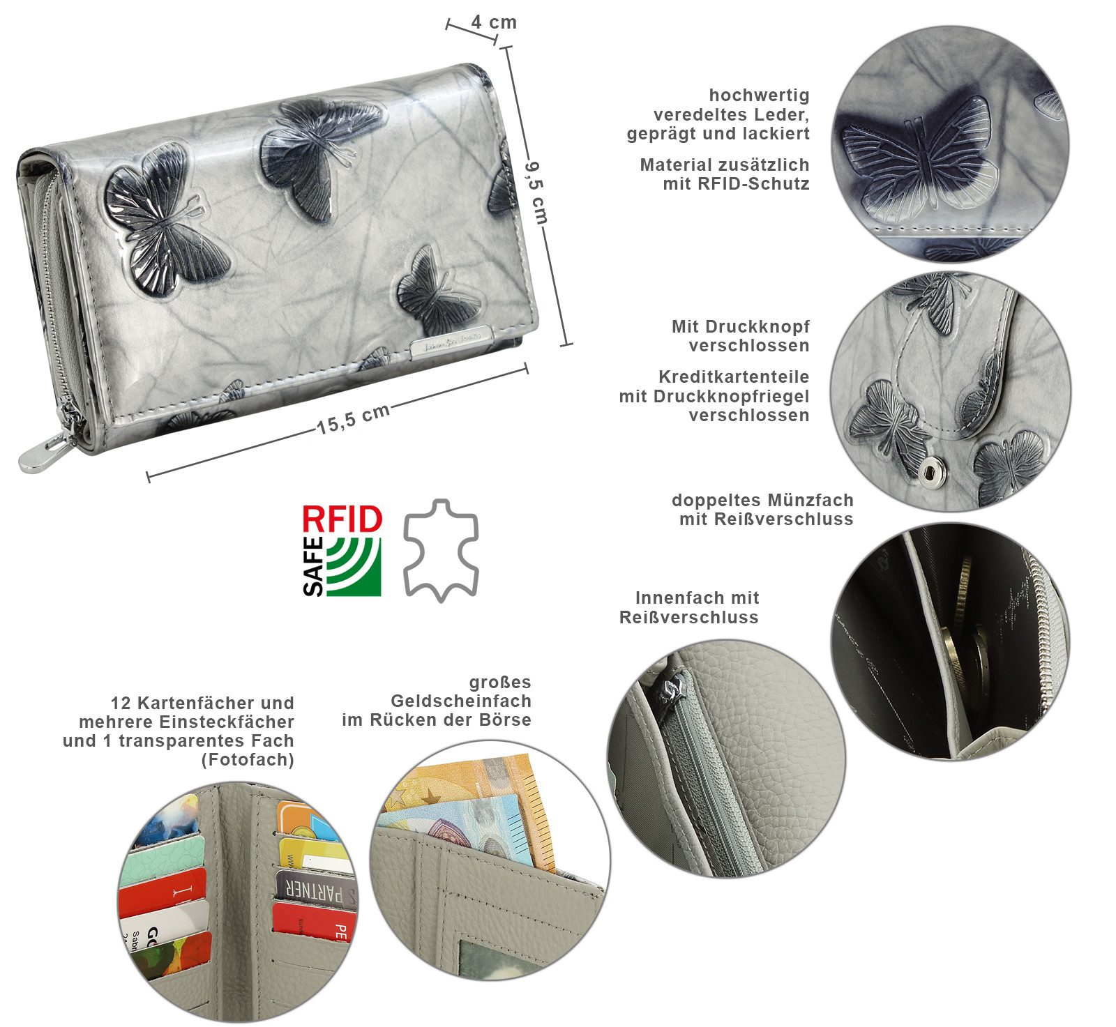 J JONES JENNIFER JONES Geldbörse Großes Damen Portmonee RFID-Schutz Schmetterlings-Motiv Leder lackiert, Schmetterlings-Applikation