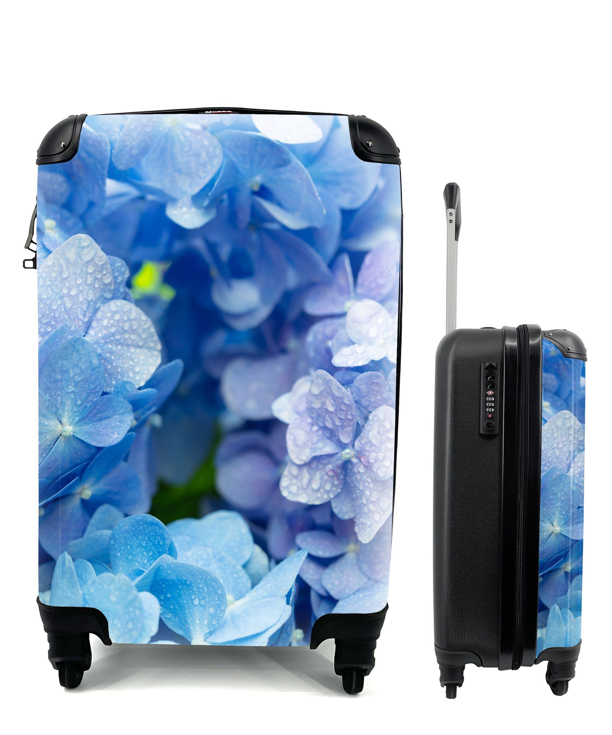 MuchoWow rollen, Handgepäck Floral Wassertropfen - Rollen, Trolley, 4 Botanisch Handgepäckkoffer Ferien, Hortensie für mit Blau, Reisetasche - - - Reisekoffer