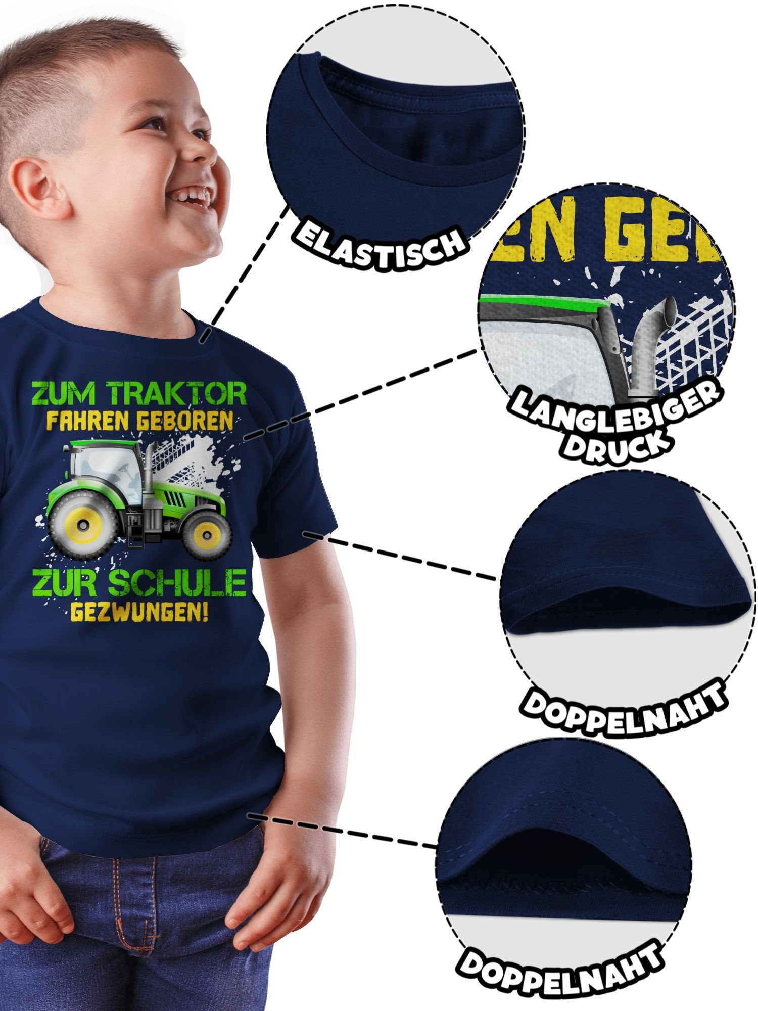Shirtracer T-Shirt Zum - geboren 2 Kinder fahren Geschenke zur Einschulung Baue Landwirt gezwungen Dunkelblau Traktor Schulanfang Schule Junge
