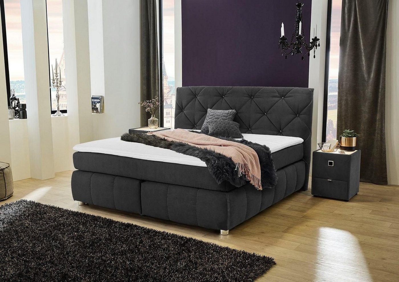 Jockenhöfer Gruppe Boxspringbett BELLA inkl. 7-Zonen-TTFK-Matratze H3, Kaltschaum-Topper, Kopfteil mit Rauchglas-Steinen, 140/180 cm x200 cm
