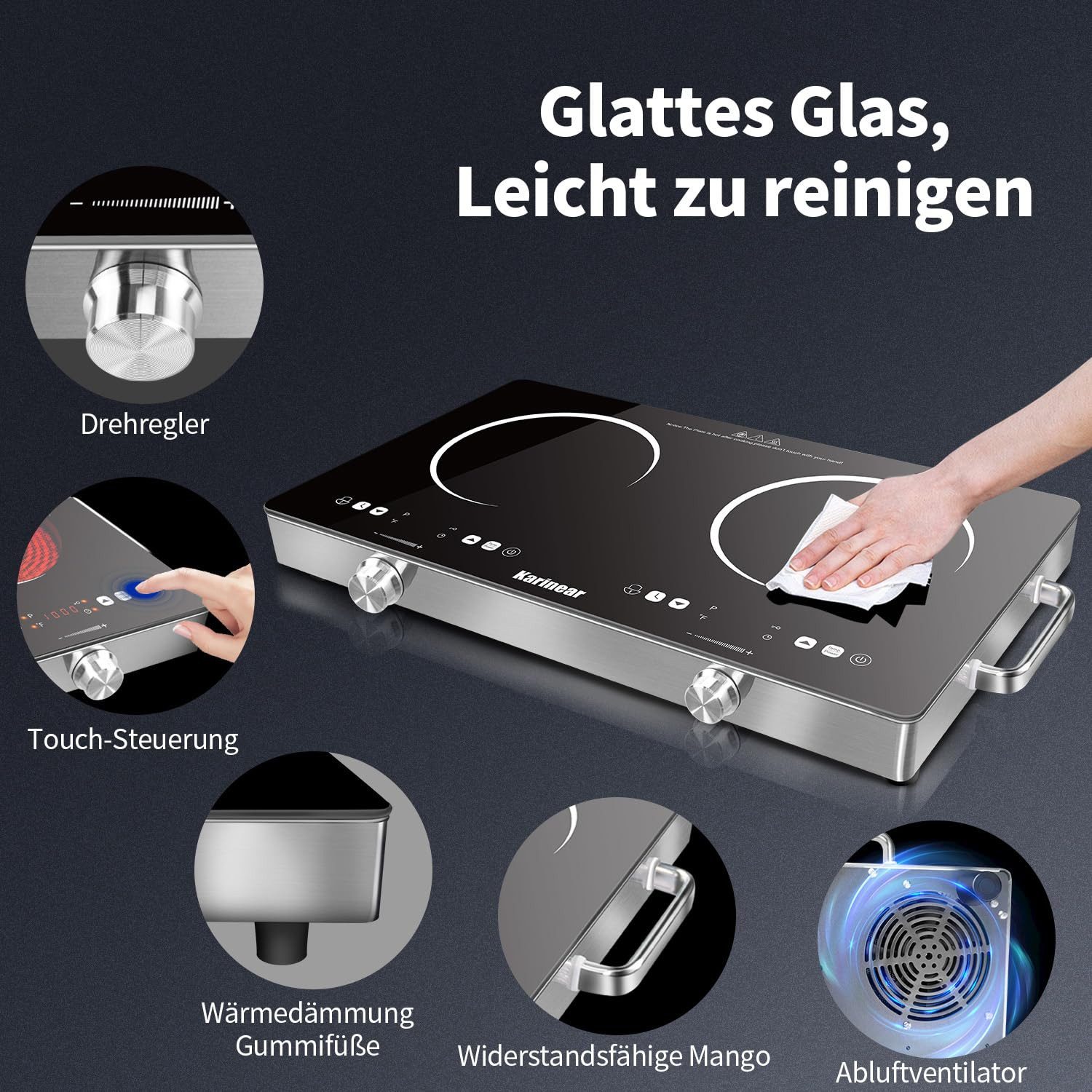 Karinear Induktions-Kochfeld Kochplatten 2er Elektrisch mit Stecker, 3200W 2 Kochfelder, 240V – Bild 5 von 5
