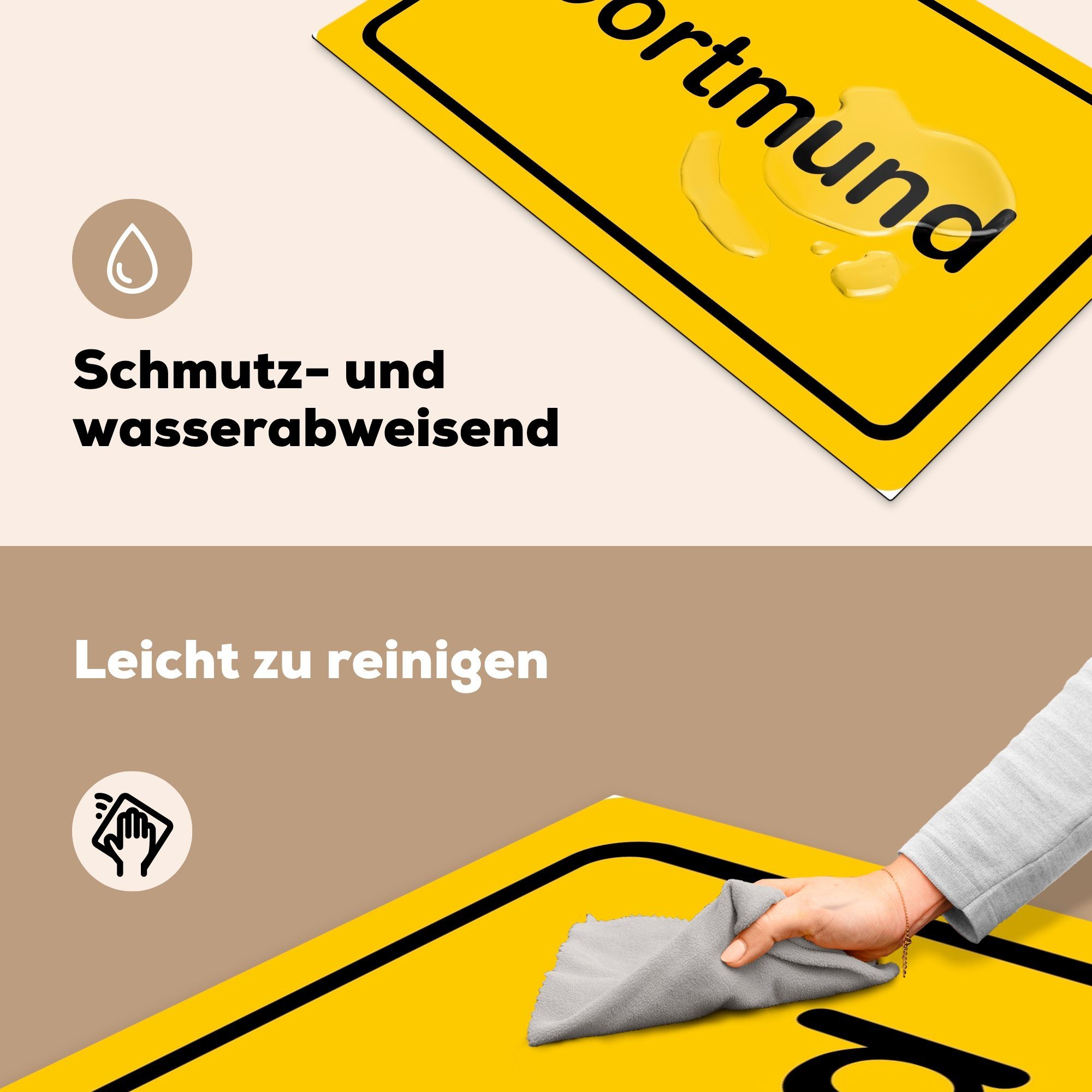 MuchoWow Herdblende-/Abdeckplatte Ein gelbes Namensschild Dortmund, tlg), 83x51 (1 Stadt Vinyl, küche cm, für Arbeitsplatte der Ceranfeldabdeckung