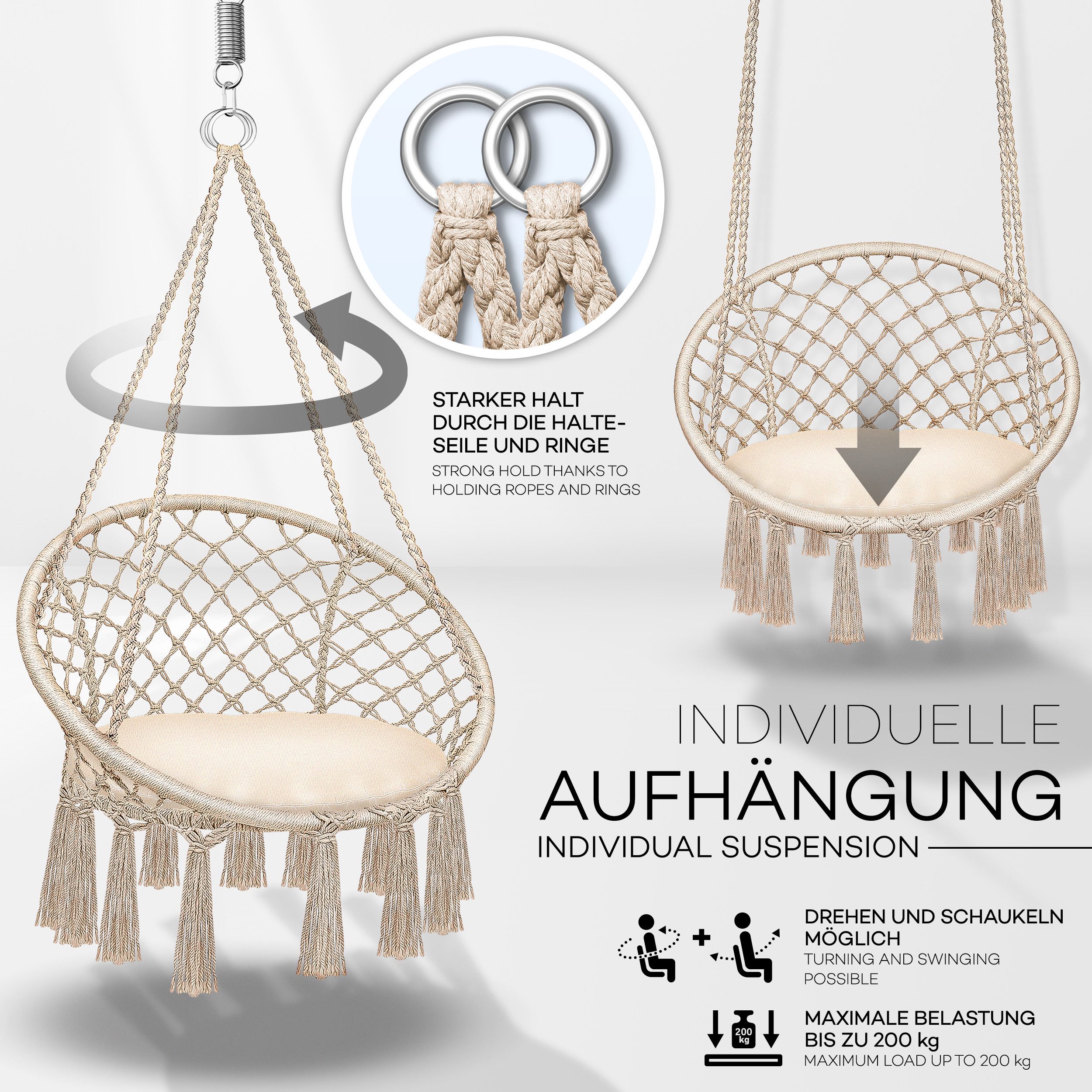 tillvex Hängesessel tillvex® Hängesessel Hängestuhl Hängeschaukel Hängekorb Hängesitz (Set, Hängesessel, Kissen, 4 Seile mit 2 Stahlringen), Kissen