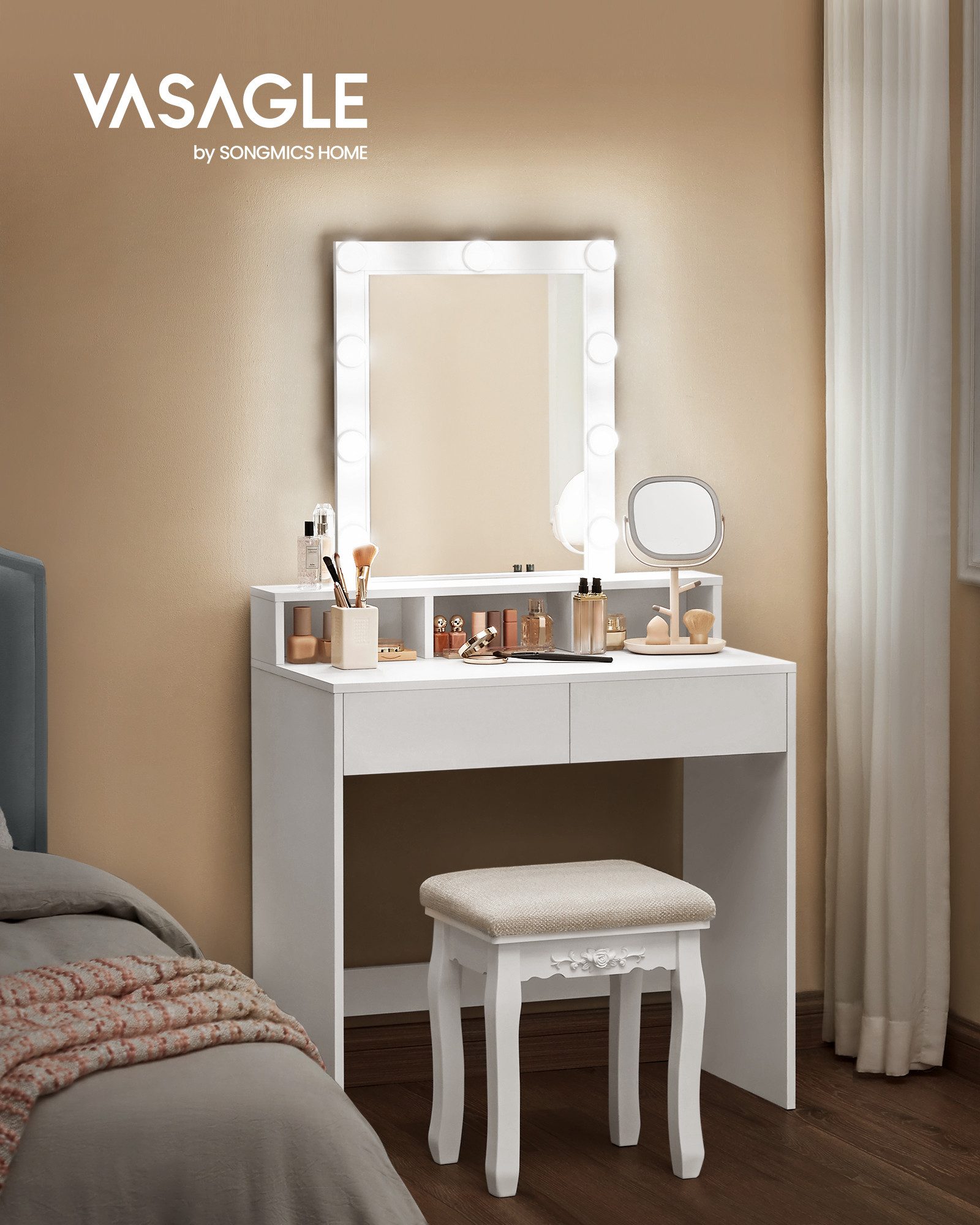 VASAGLE Schminktisch Kosmetiktisch mit LED-Beleuchtung, einstellbare Helligkeit, modern (1 Tisch), mit 2 Schubladen und 3 offenen Fächern