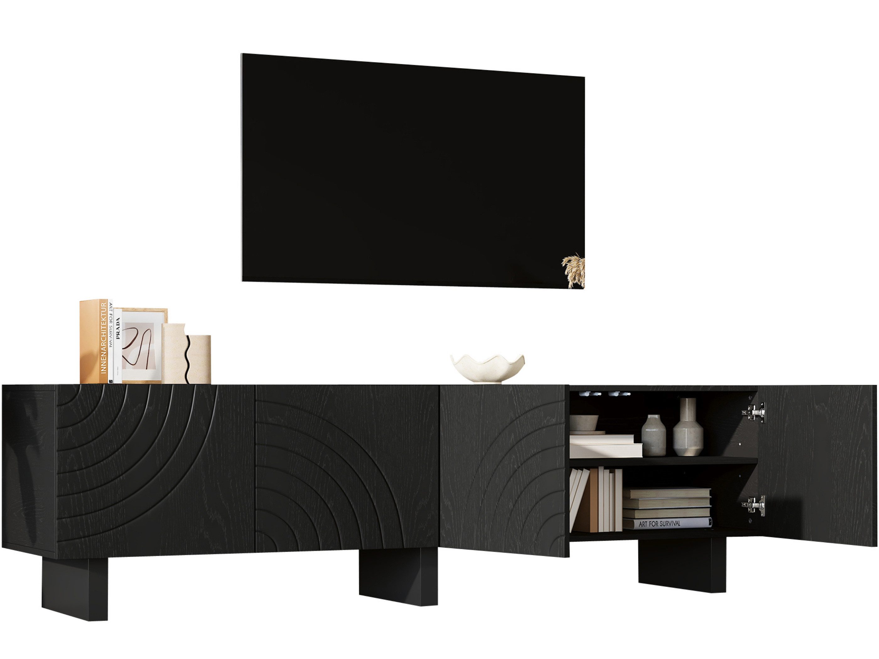 SeedWave Lowboard Moderner TV-Schrank 180cm mit Geschwungene Frontgravuren & Türdämpfer, Fernsehschrank mit verstellbaren Fächern