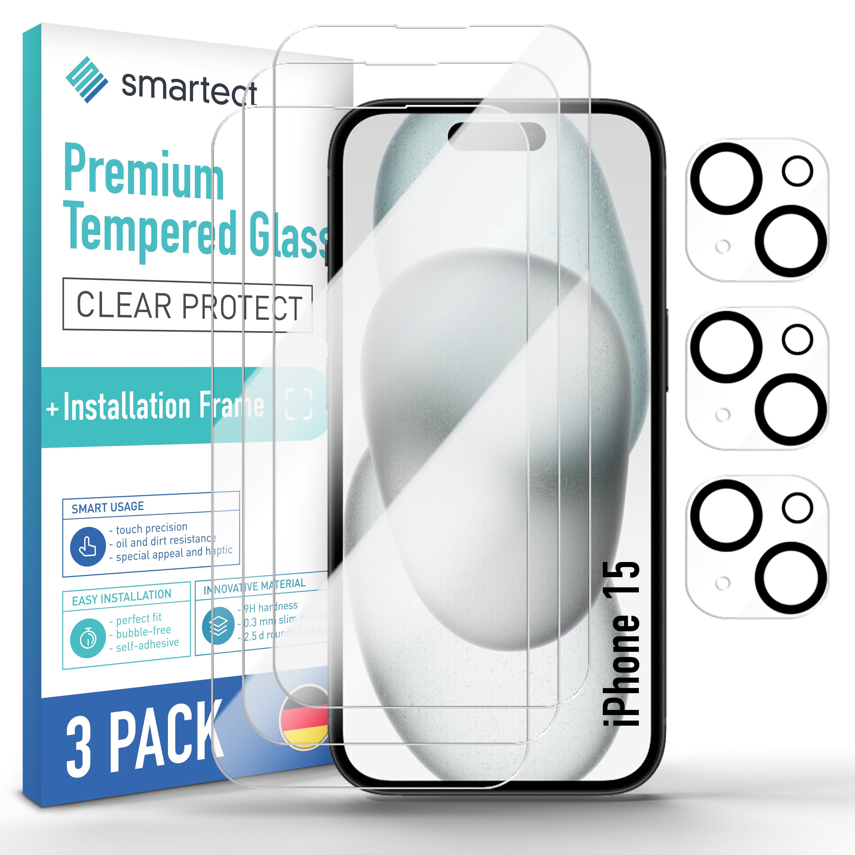 smartect Displayschutzglas Schutzglas Panzerfolie 3 + 3 Stück für iPhone 15 (Display + Kamera) für Apple iPhone 15, Set, 3 Stück, inkl. Anbringhilfe, 0.3 mm Ultra-klar, 9H Härte, Kratzfest, Stoßfest