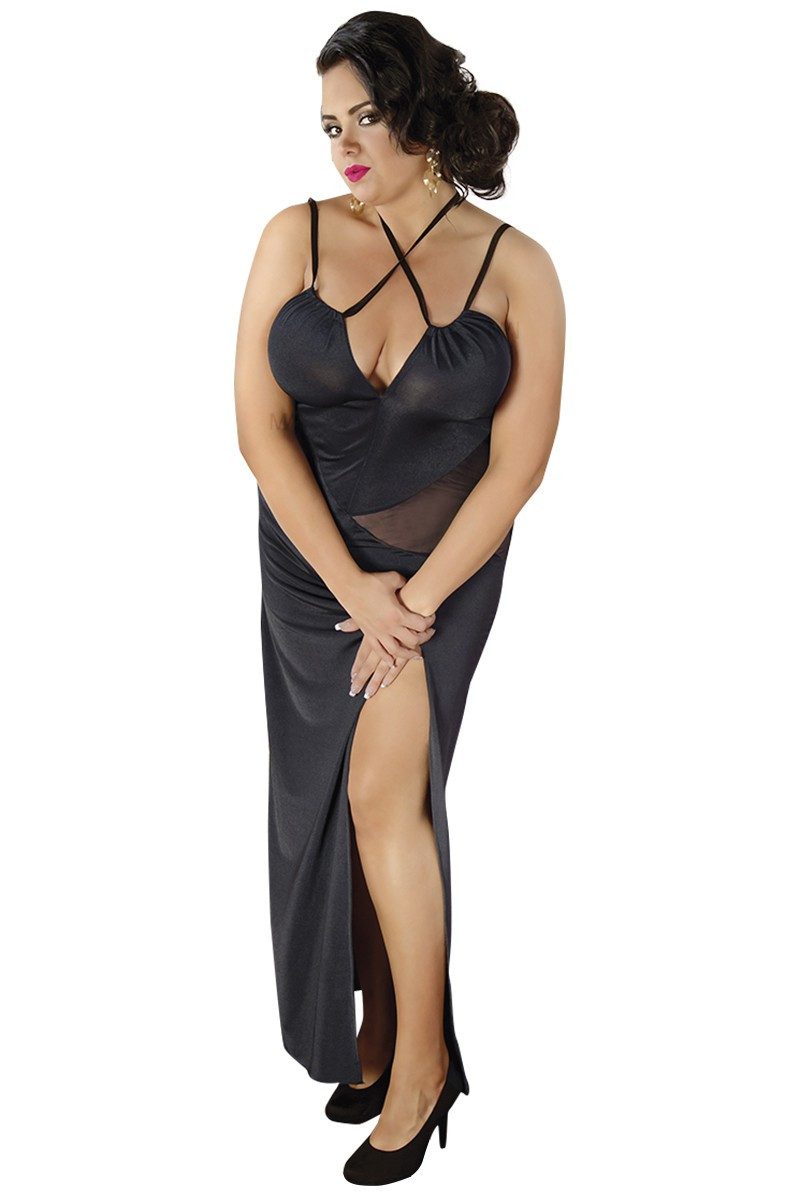 Negligé Schwarzes langes Dessous Kleid dehnbar mit Schlitz Damen Chemise Nacht