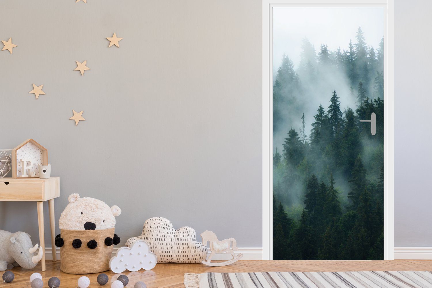 MuchoWow Türtapete Nebel - Bäume 75x205 für Fototapete bedruckt, (1 Türaufkleber, cm St), Wald, - Matt, Tür