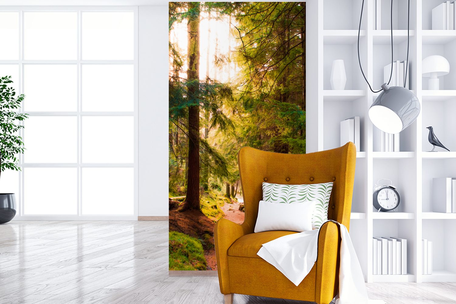 Wald - - bedruckt, Grün Küche, für - Matt, Natur, Schlafzimmer MuchoWow St), Bäume Weg Wohnzimmer (2 Fototapete Sonne - Fototapete - Vliestapete