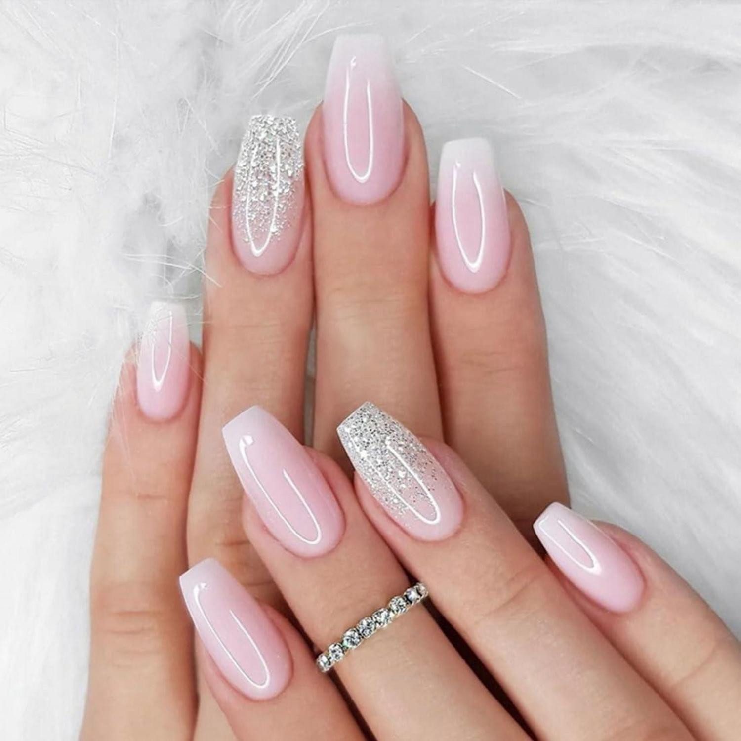 LuxusKollektion Kunstfingernägel Künstlicher Nagel 24 Stück Acryl Eckig French Full Cover Rosa Glitzer