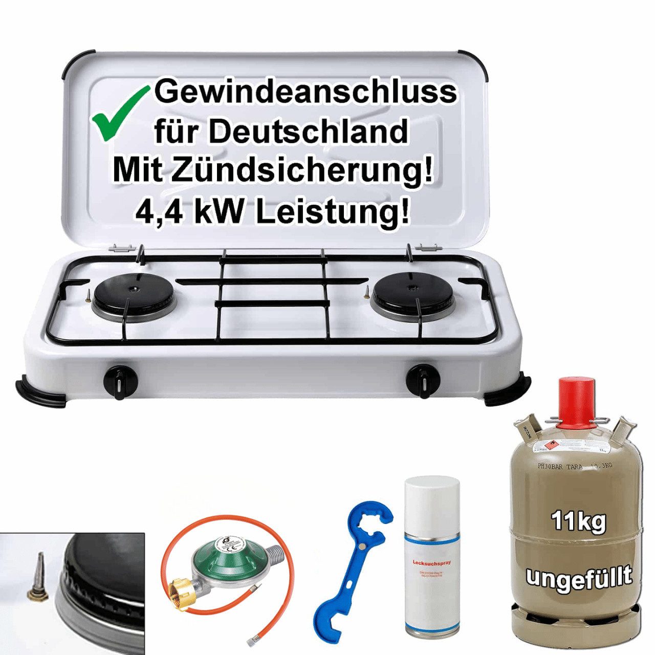 BlueCraft Gaskocher 2 flammig mit Zündsicherung 50mbar Propan Gas Campingkocher 4,4 kW, (mit Schlauch 100 cm und Gas Regler Druckminderer Gasherd Gas-Kochfeld), Camping Gas Kocher 2 flammen mit Propan Gasflasche 11kg ungefüllt-leer