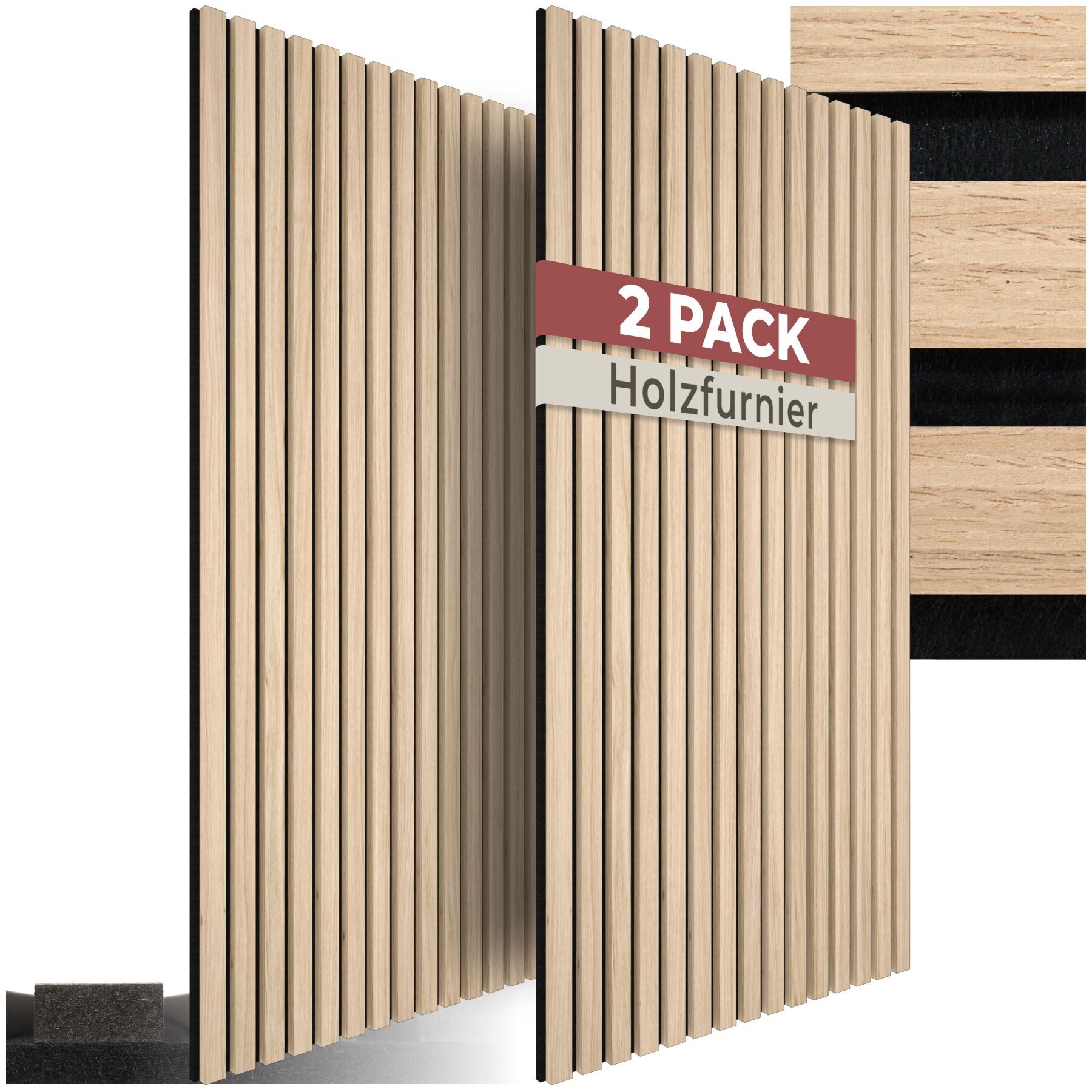 tectake Wandpaneel Akustikpaneele Sonic Wall II, MDF und Echtholzfurnier - Eiche hell, BxL: 60x120 cm, (2 tlg., 2-tlg., je 60 x 120 x 2,1 cm, Größe flexibel anpassbar) schallabsorbierender Filz, einfache Montage mit Kleber oder Schrauben