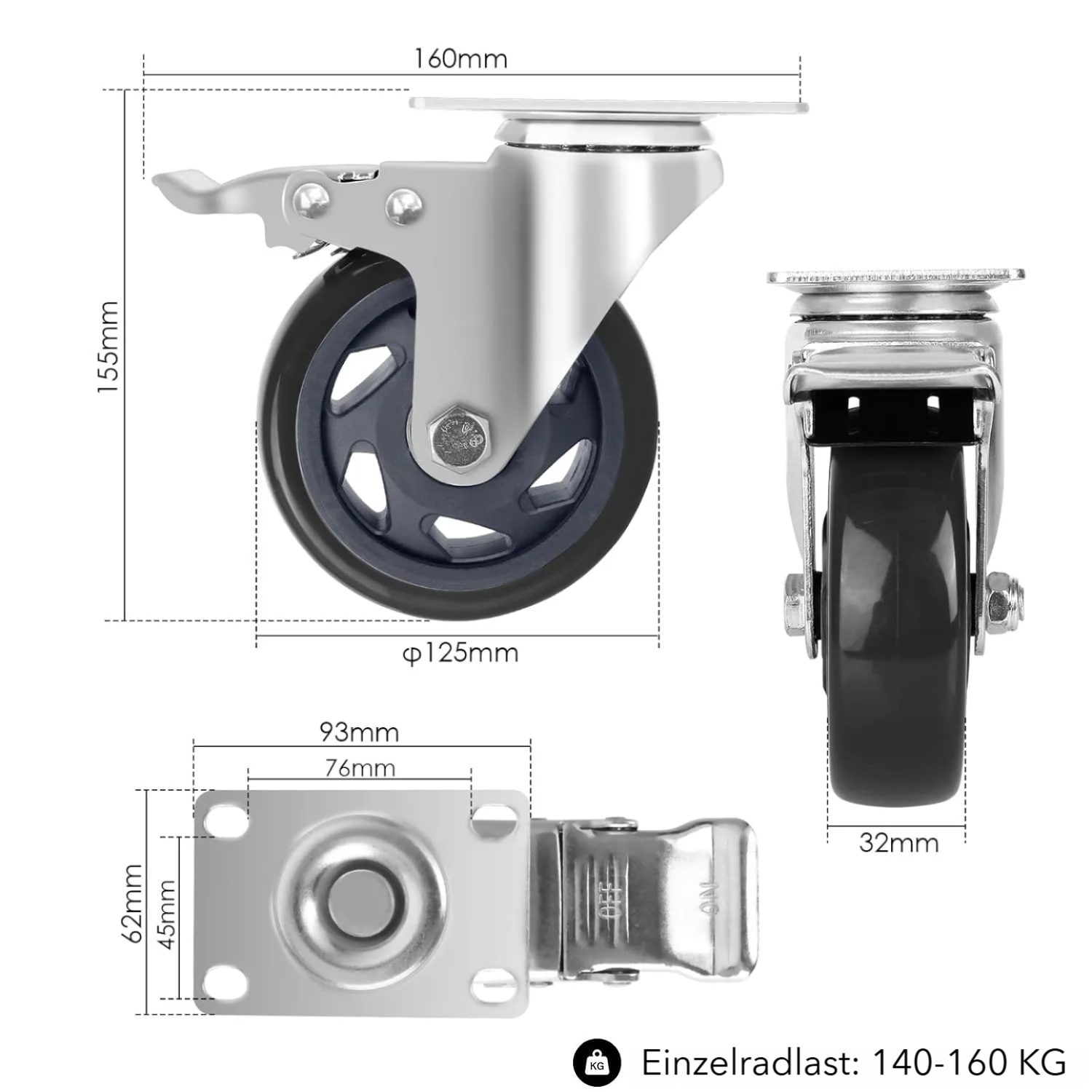 TLGREEN Schwerlastrolle 4-teiliges Set,Transportrollen, (125mm/150mm,lenkrollen,Hochleistungsrollen,bis 600/640 kg), für Werkzeugtasche, Industrietransport und Logistik