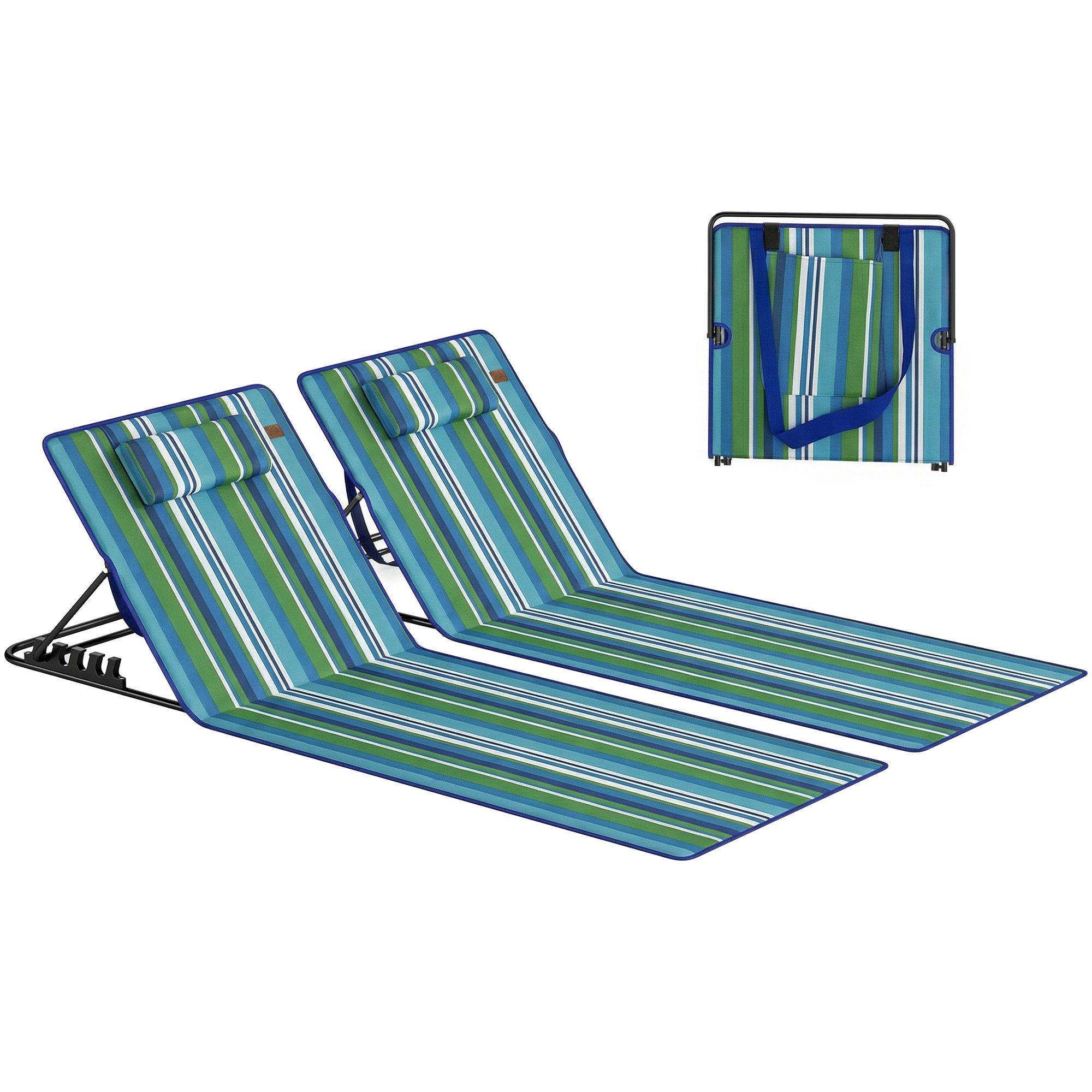 Outsunny Gartenliege mit Verstellbarer Rückenlehne, Kopfkissen, Aufbewahrungstasche, Strandliege, 2 St., Strandmatte, für Strand Garten Blau+Grün+Weiß