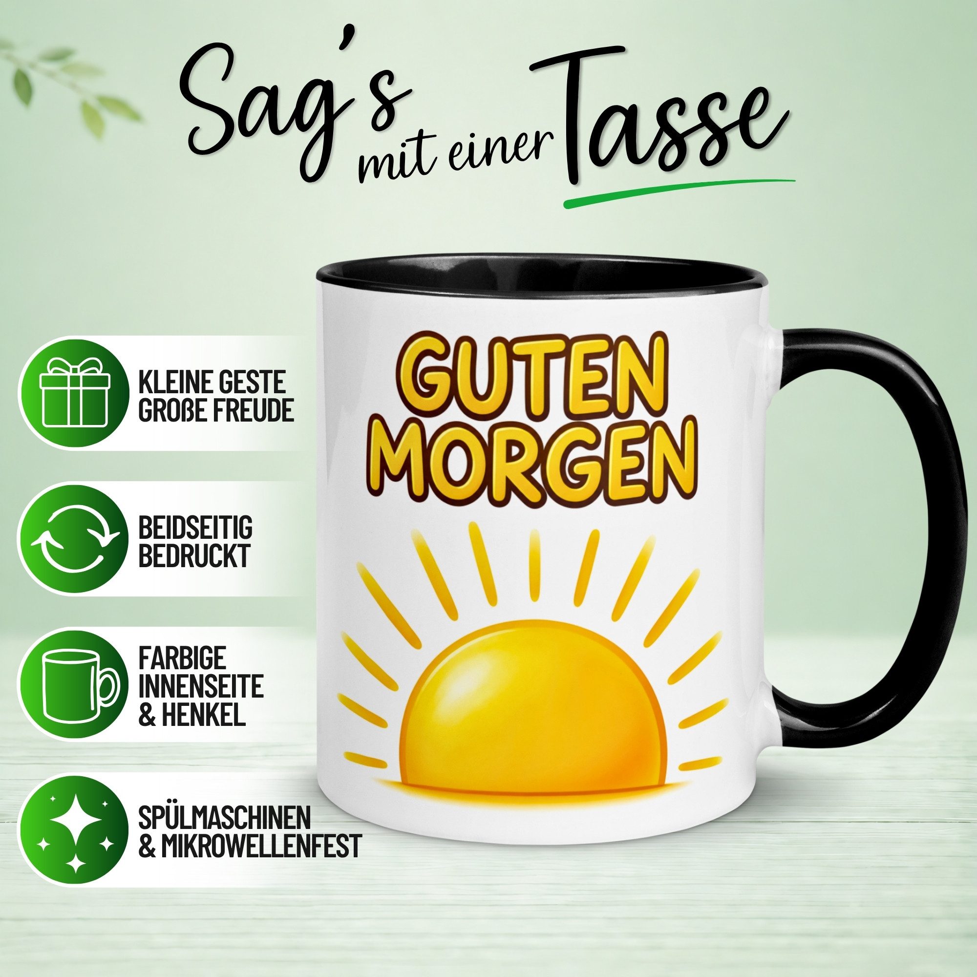 Momentals Tasse Guten Morgen – Sonnenaufgang mit Sonnenschein – Morgenmuffel Geschenk, Gratis Versand · Links-&Rechtshänder · Spülmaschinenfest