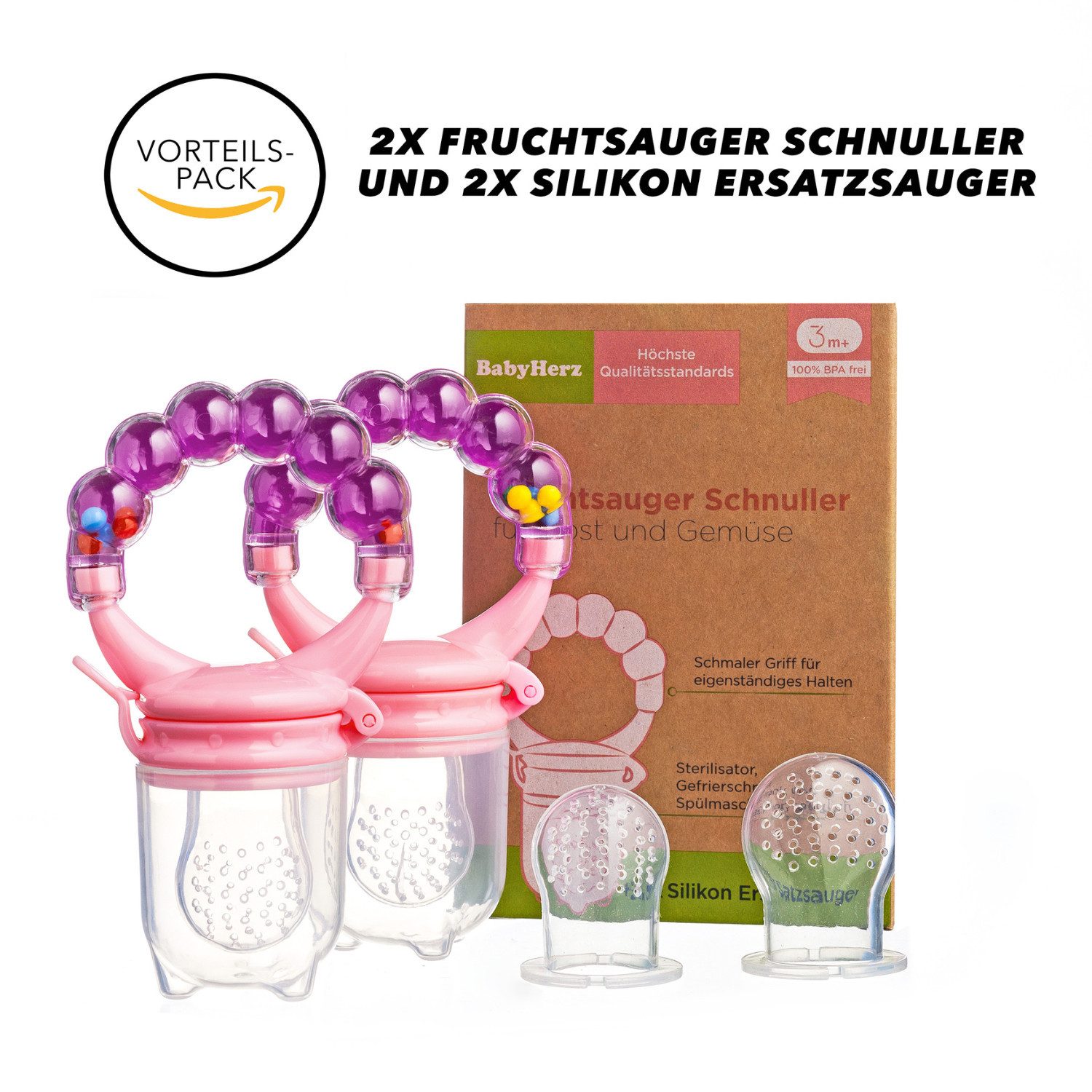 BabyHerz Schnuller Baby Fruchtsauger Schnuller für Obst und Gemüse - 2x Rasselschnuller, Zwei Fruchtsauger + Ersatz – spielerisch, sicher & BPA-frei genießen
