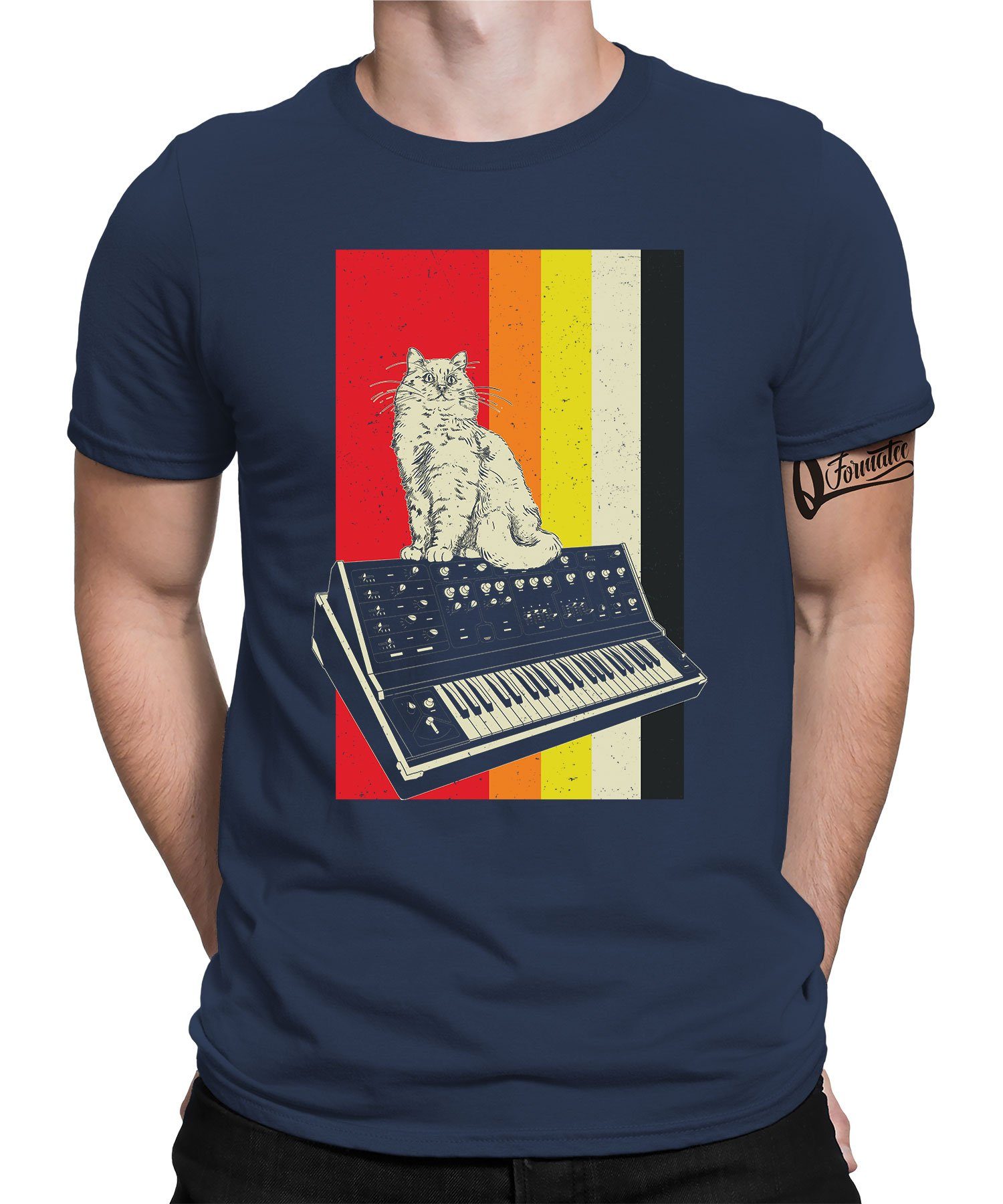 Quattro Formatee Kurzarmshirt Katze Cat (1-tlg) Navy Herren Retro Vintage Blau Elektronische Synthesizer - Musiker