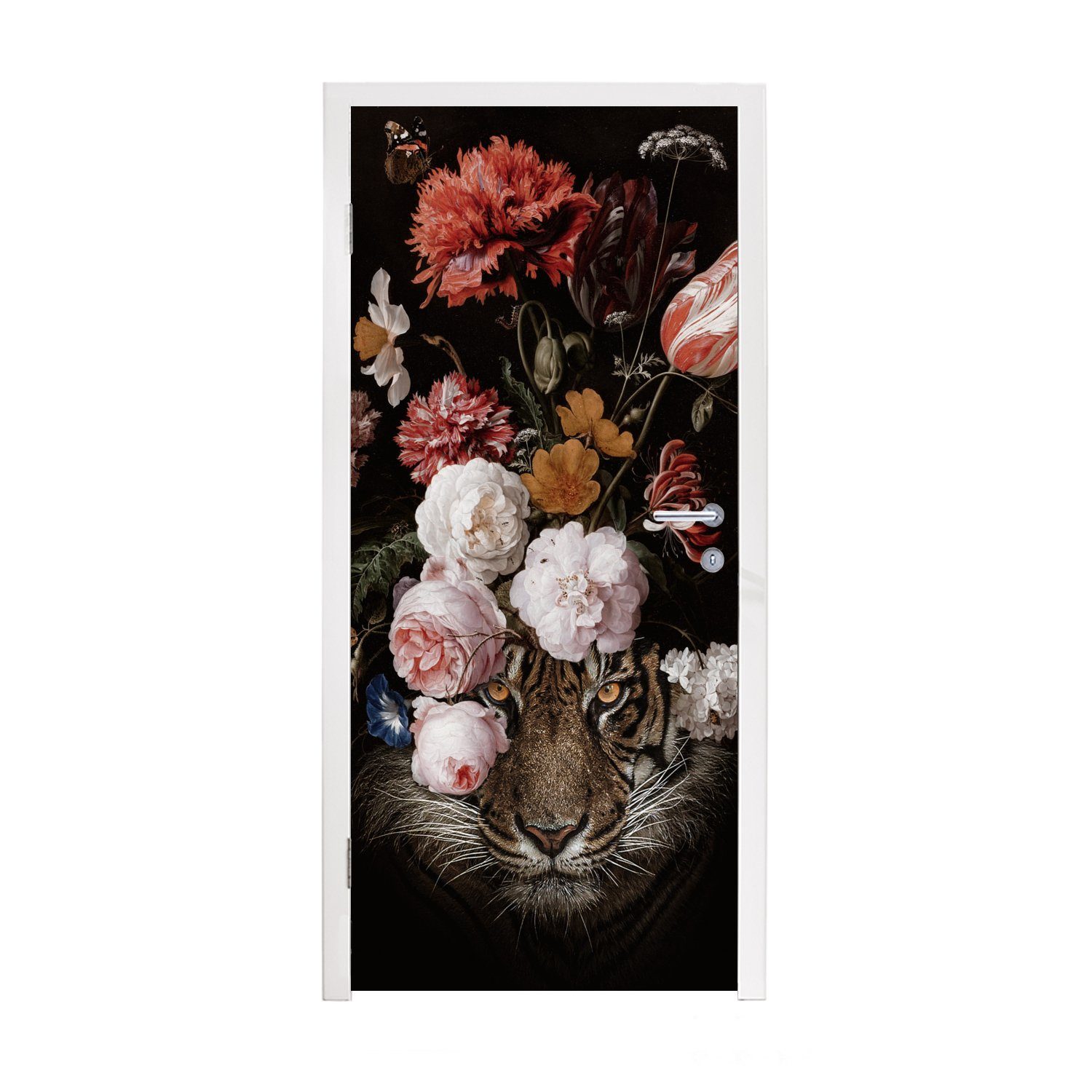 MuchoWow Türtapete Blumen - Jan Davidsz de Heem - Tiger - Gemälde - Stillleben - Alte, Matt, bedruckt, (1 St), Fototapete für Tür, Türaufkleber, 75x205 cm