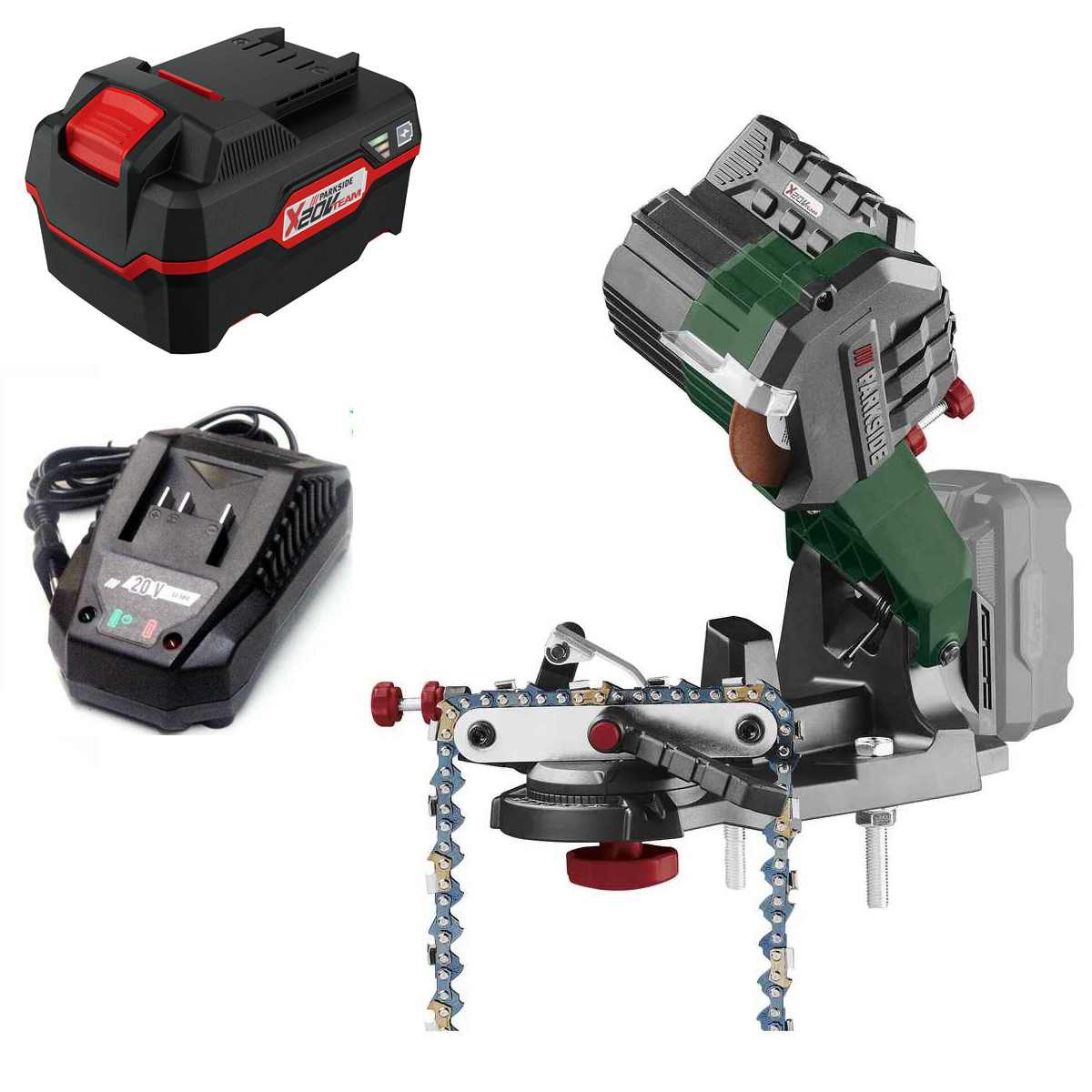 Parkside Sägekettenschärfgerät 20V Akku-Sägekettenschärfgerät PSGA 20-Li + Akku 4.0 Ah +Ladegerä 20 V