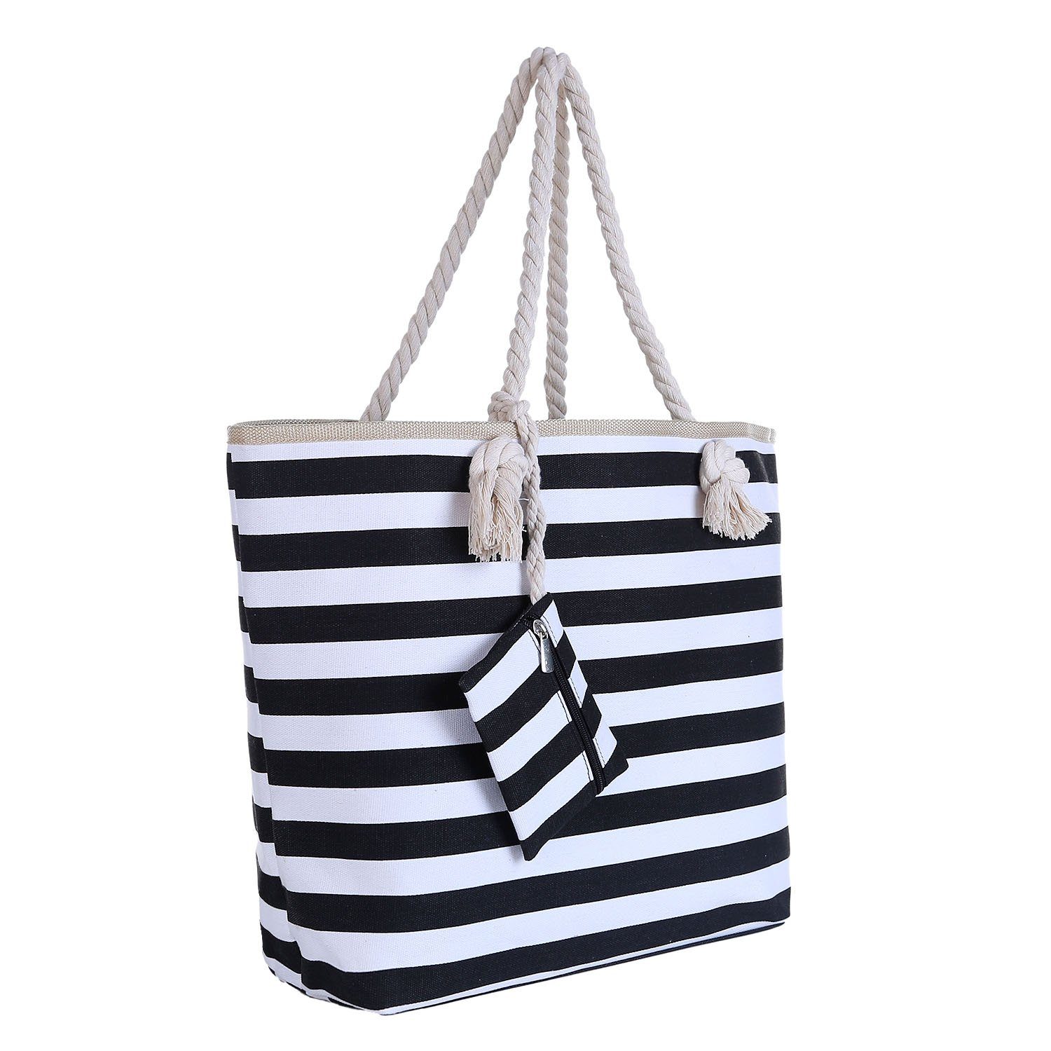 Große Strandtasche mit Reißverschluss 58 x 38 x 18 cm Federn schwarz beige Shopper Schultertasche Beach Style 