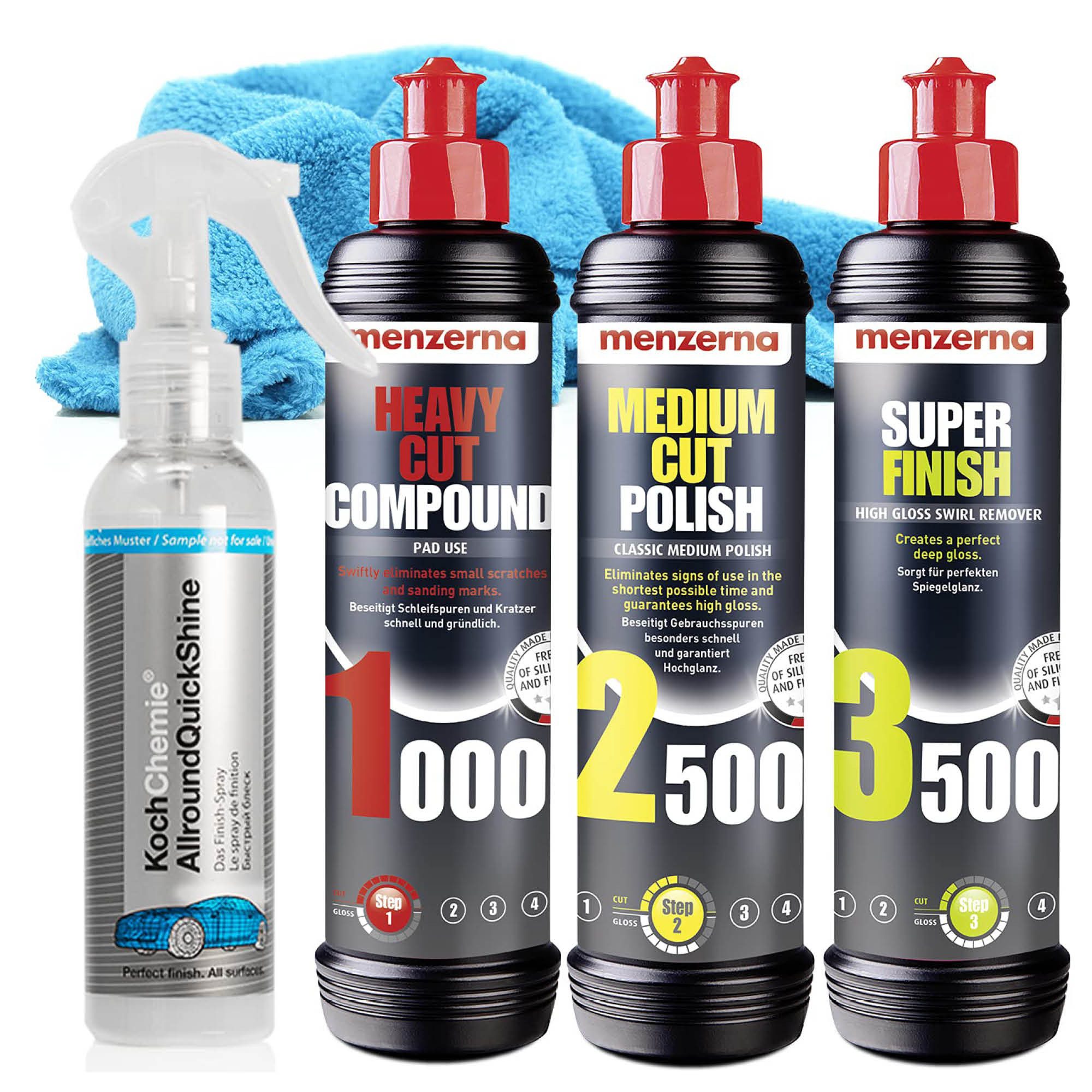 detailmate Menzerna Polituren + Pads + Mikrofasertücher Autopolitur (Set, Autopolitur Set), Politur + Mikrofasertücher + Detailer