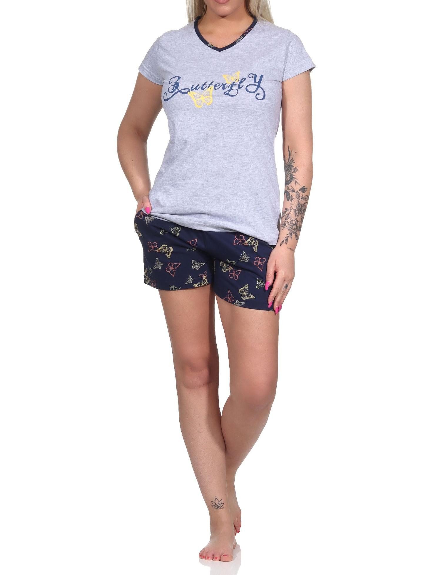 Pyjama Damen kurzarm Shorty Schlafanzug mit Schmetterling als Motiv