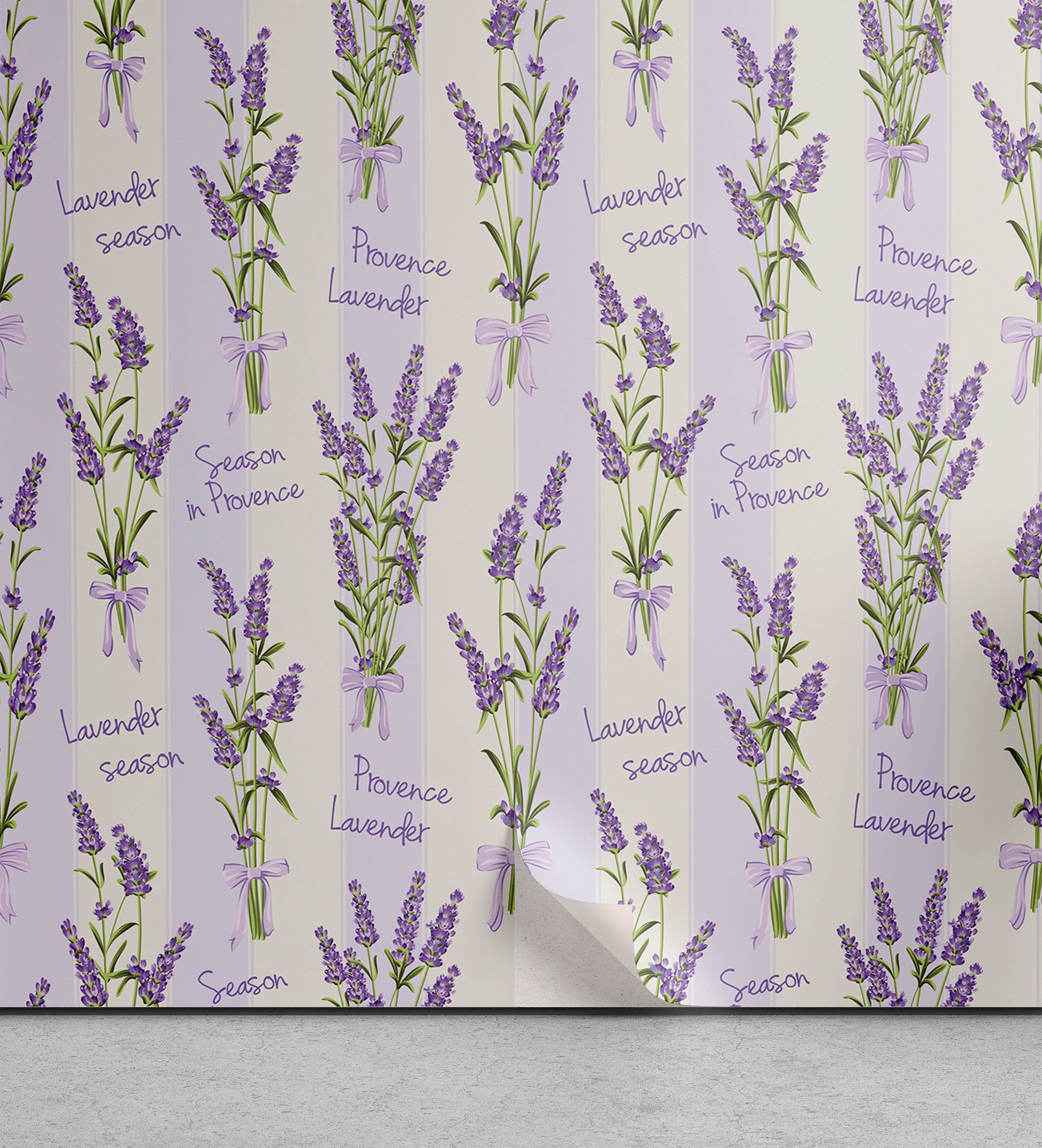 Abakuhaus Vinyltapete selbstklebendes Wohnzimmer Küchenakzent, Lavendel Streifen und Blumen | Vinyltapeten
