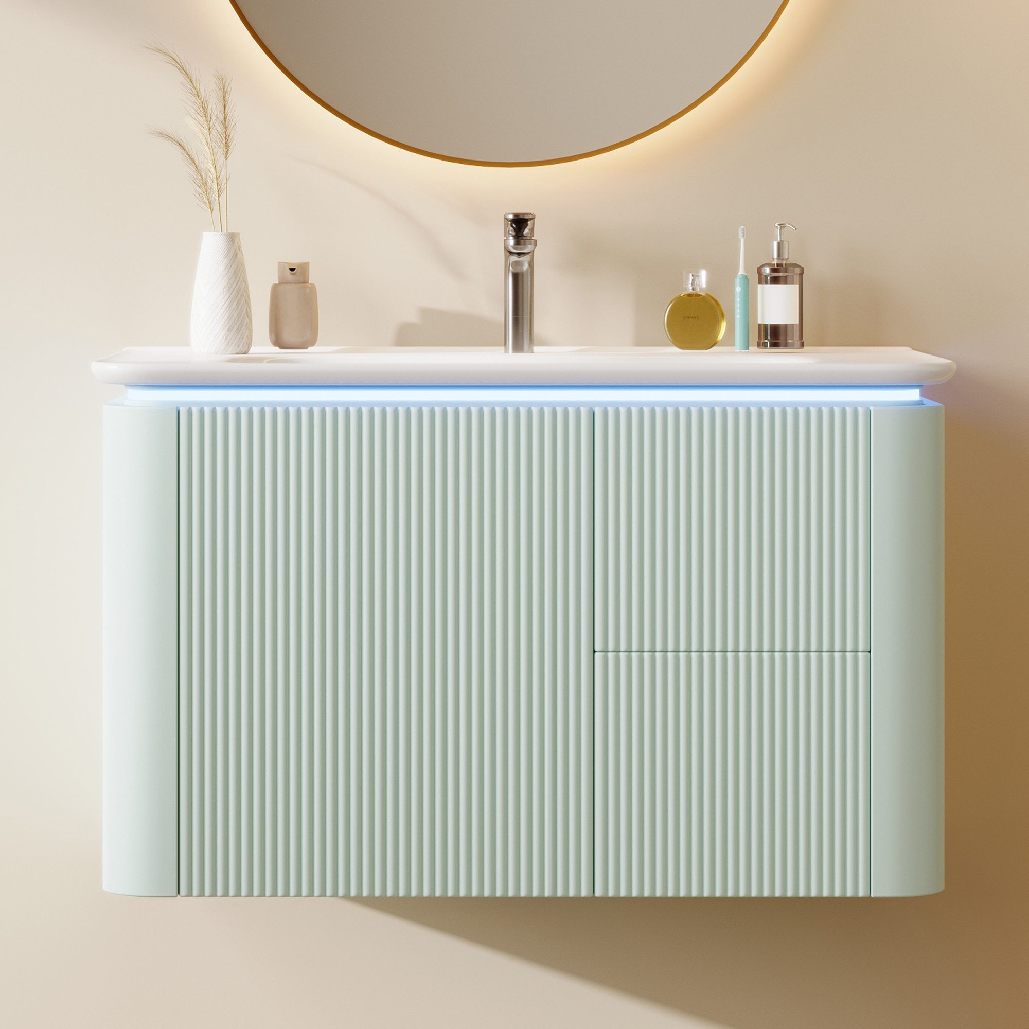 Odikalo Waschtisch Badmöbel wandhängender Waschtischunterschrank (80.5×47.5×51cm, komplett lackiert, vertikale Struktur, LED-Radar-Bewegungssensorleuchte, geräuscharme Schubladen, Anti-Stoß-Design, einteiliges Waschbecken)