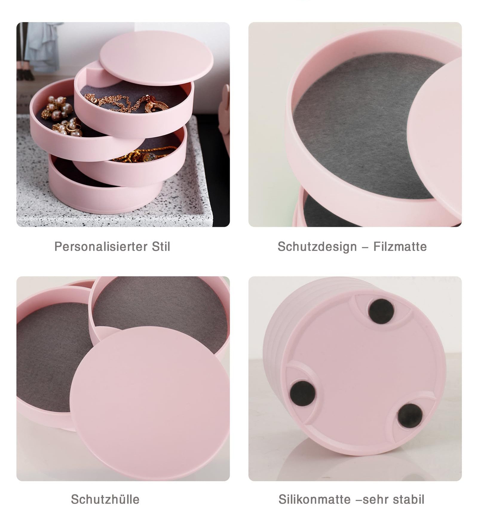 Diwzbyn Schmuckkasten Schmuckkästchen Mädchen Schmuckkasten Damen Schmuckschatulle, Schmucktabletts 4 Ebenen Drehbar Schmuckdose für Ring Ohrringe – Bild 4 von 5