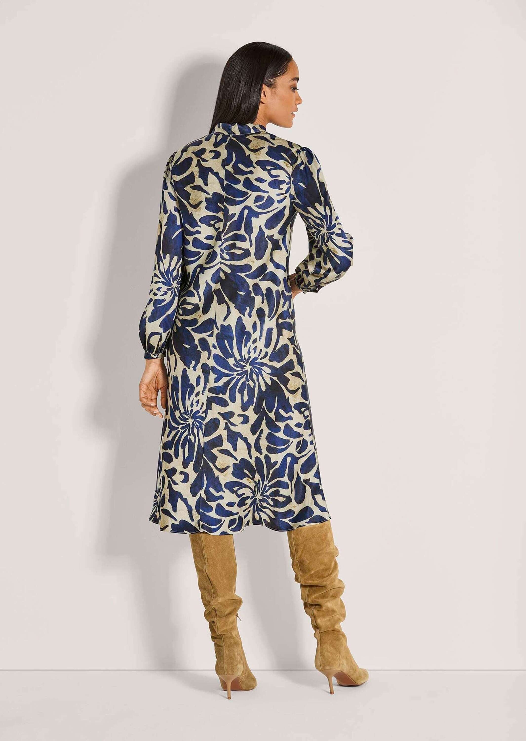 MADELEINE Midikleid Elegantes Viskosekleid mit Blumenmuster Druckkleid mit V-Ausschnitt, Bindeband und langen Ärmeln