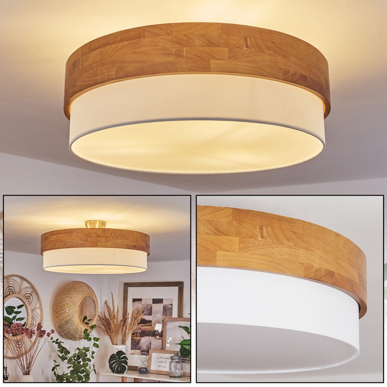 hofstein Deckenleuchte »Campitello« Deckenlampe aus Metall/Holz/Stoff, Nickel-matt/Natur/Weiß, ohne Leuchtmittel, Leuchte im skandinavischen Design, Ø50cm, 3xE27