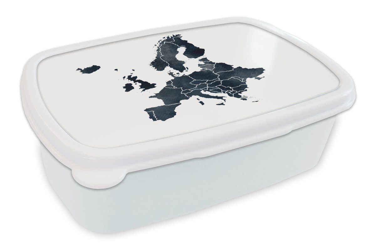 MuchoWow Lunchbox Karte von Europa - Aquarell - Blau, Kunststoff, (2-tlg), Brotbox für Kinder und Erwachsene, Brotdose, für Jungs und Mädchen weiß