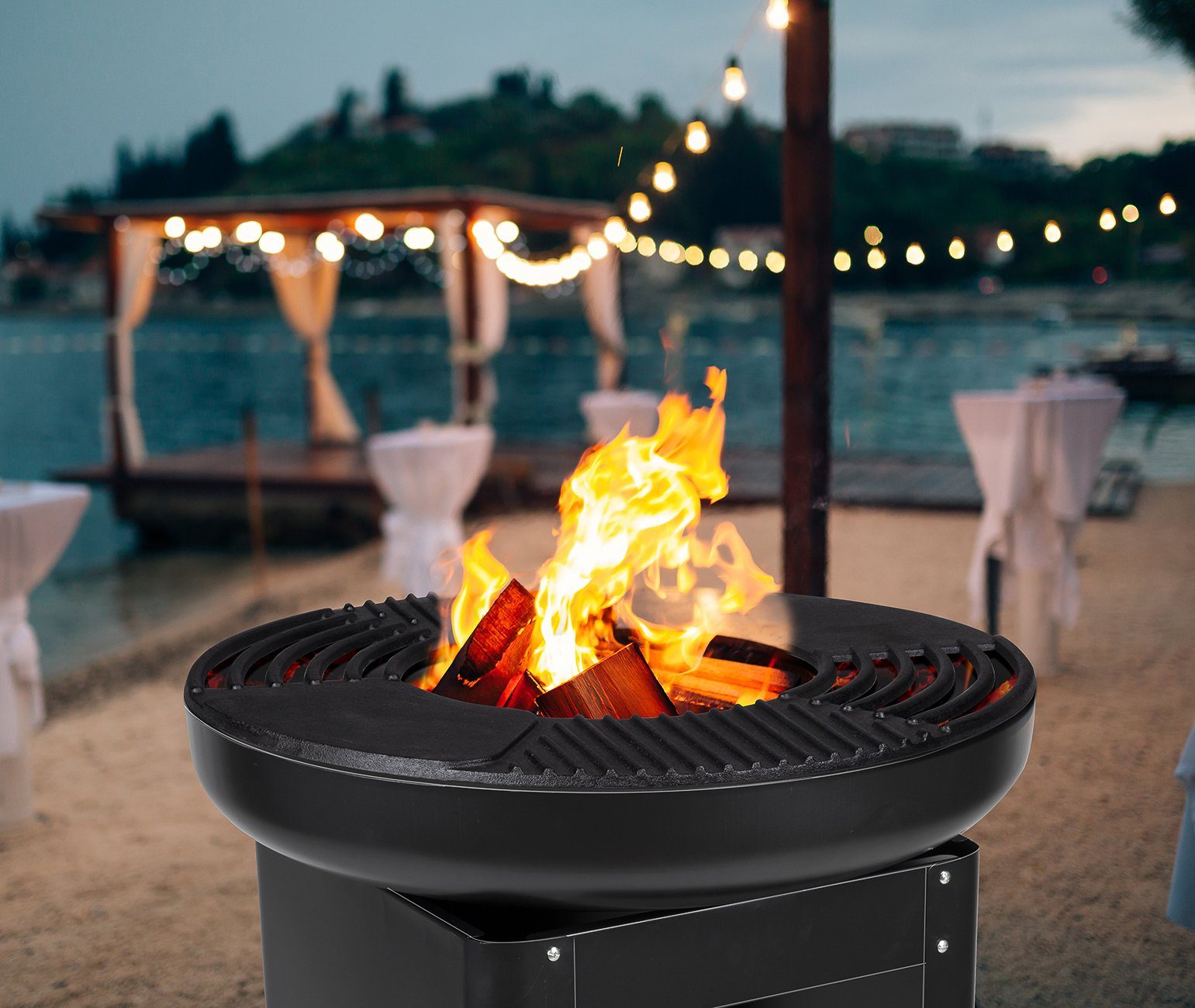 Bubble-Store Fire Pit 3-in-1 Grill with Teppanyaki Plate (Grill Fire Bowl for Terrace or Garden), Terrace Fireplace with Storage Compartment for Wood or Charcoal