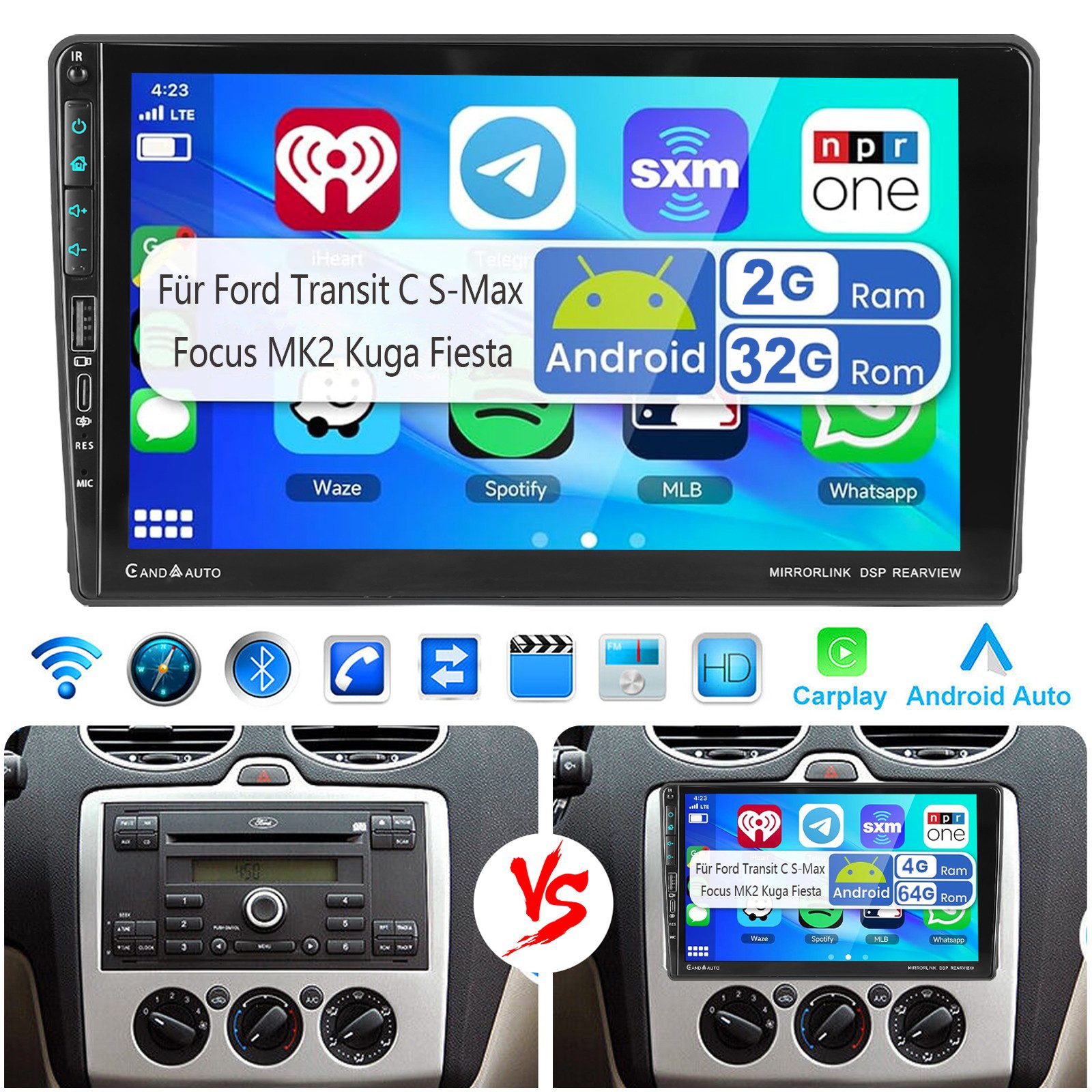 ESSGOO Für Ford Transit 06-14 Android 15 Autoradio GPS Carplay Mit USB Type-C Autoradio (DAB+ (optional), DAB (optional), 4+64GB(optional), RDS, AM, FM, Carplay Android Auto Bluetooth EQ USB GPS Navi WIFI Touchscreen)