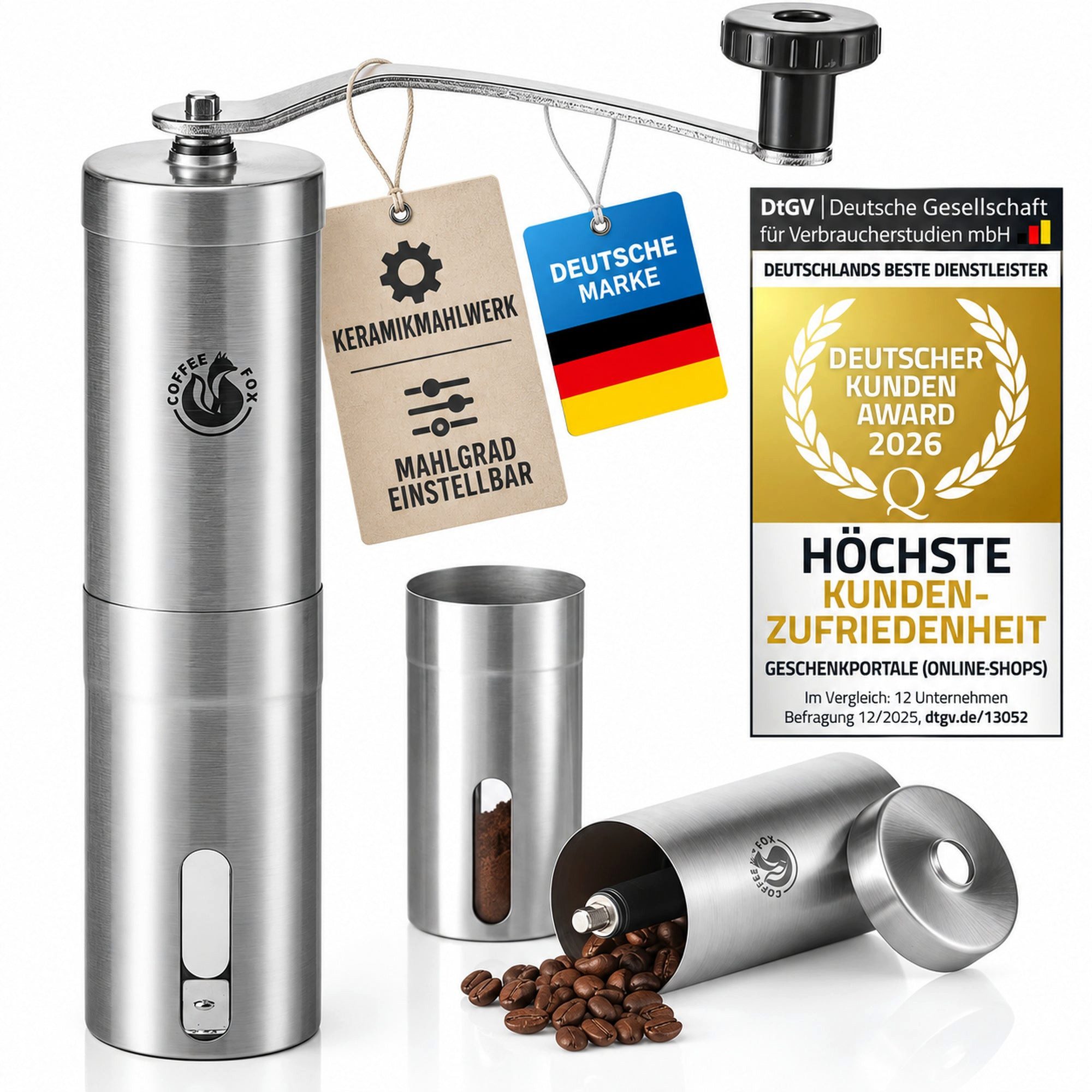 Coffee Fox Kaffeemühle Präzisions-Handkaffeemühle aus Edelstahl–Ideal für Zuhause & unterwegs, Keramik Mahlwerk, Handkaffeemühle
