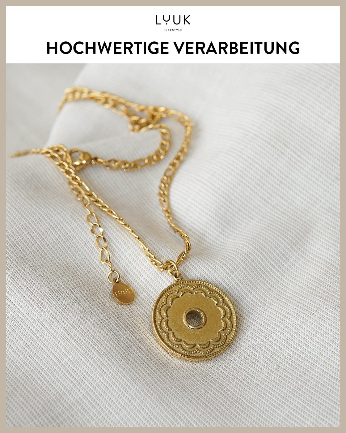 LIFESTYLE Edelstahl Kreis, LUUK Anhänger Edelstahlkette Vintage Halskette, Münze Gold