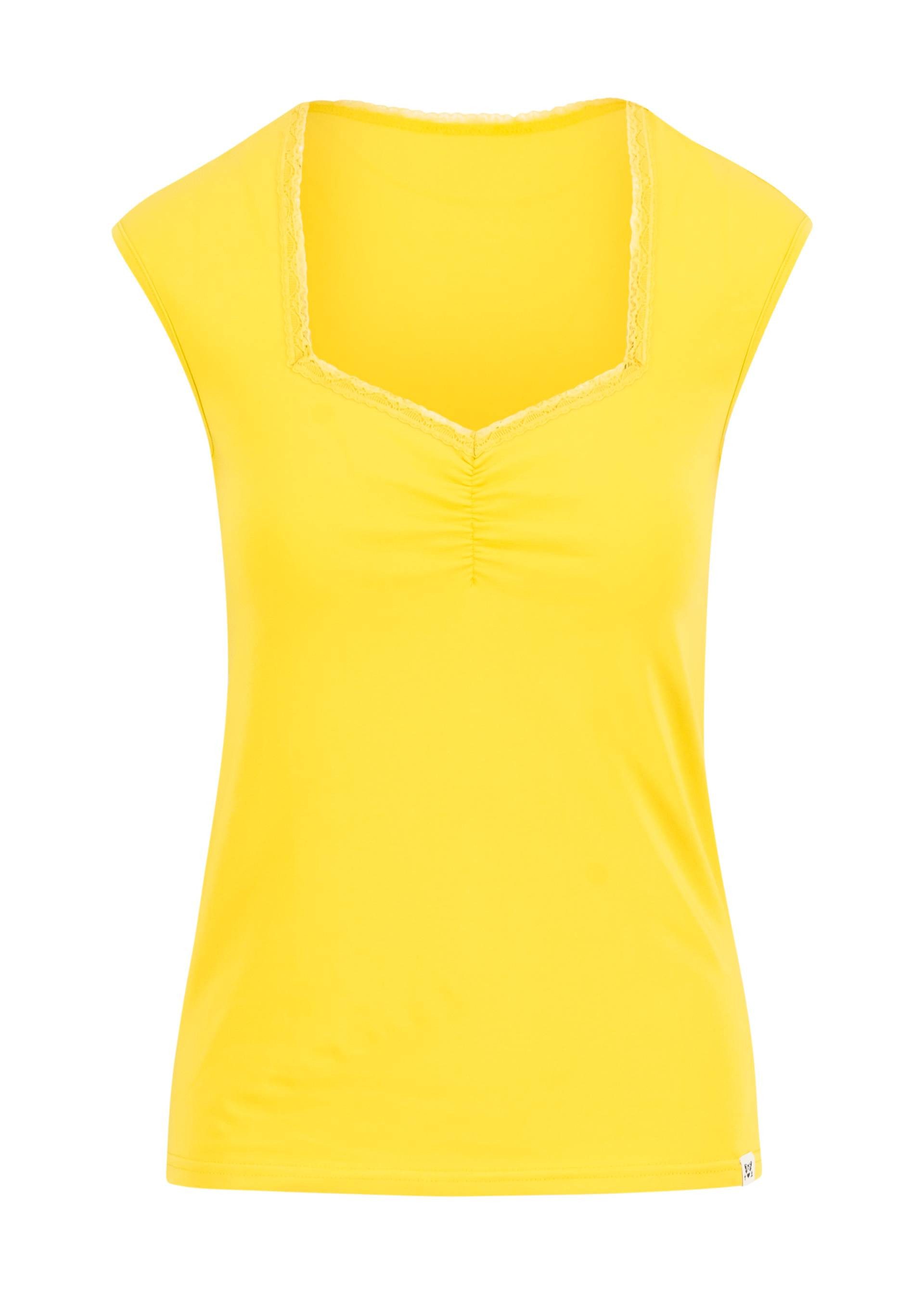 Blutsgeschwister T-Shirt - Damen Top gelb - Herzausschnitt mit Spitze - ärmelloses Sommer Shirt